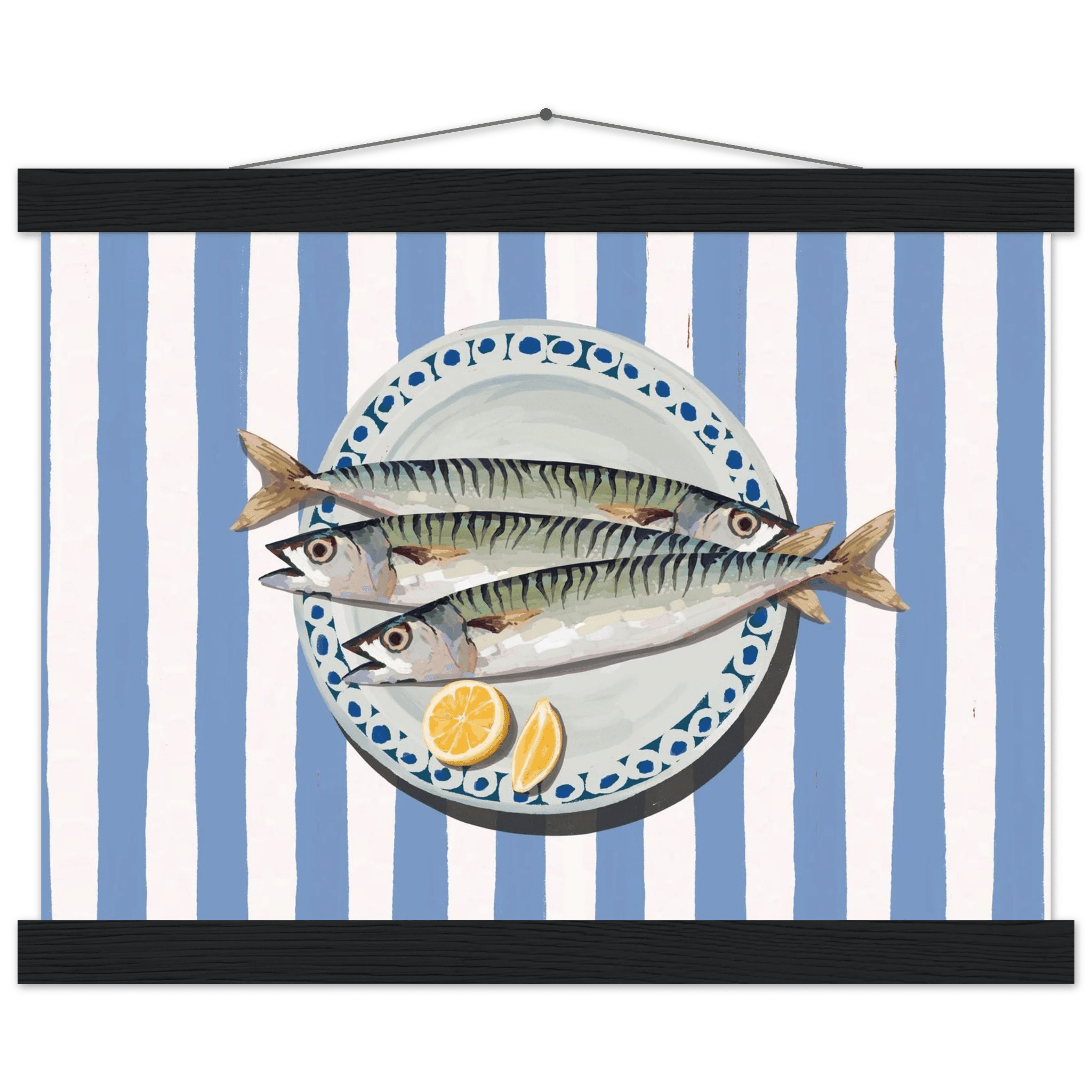 Sardines Print | Blue Stripe Fish Kitchen Wall Art | Coastal Food Poster - Evergreen Posters