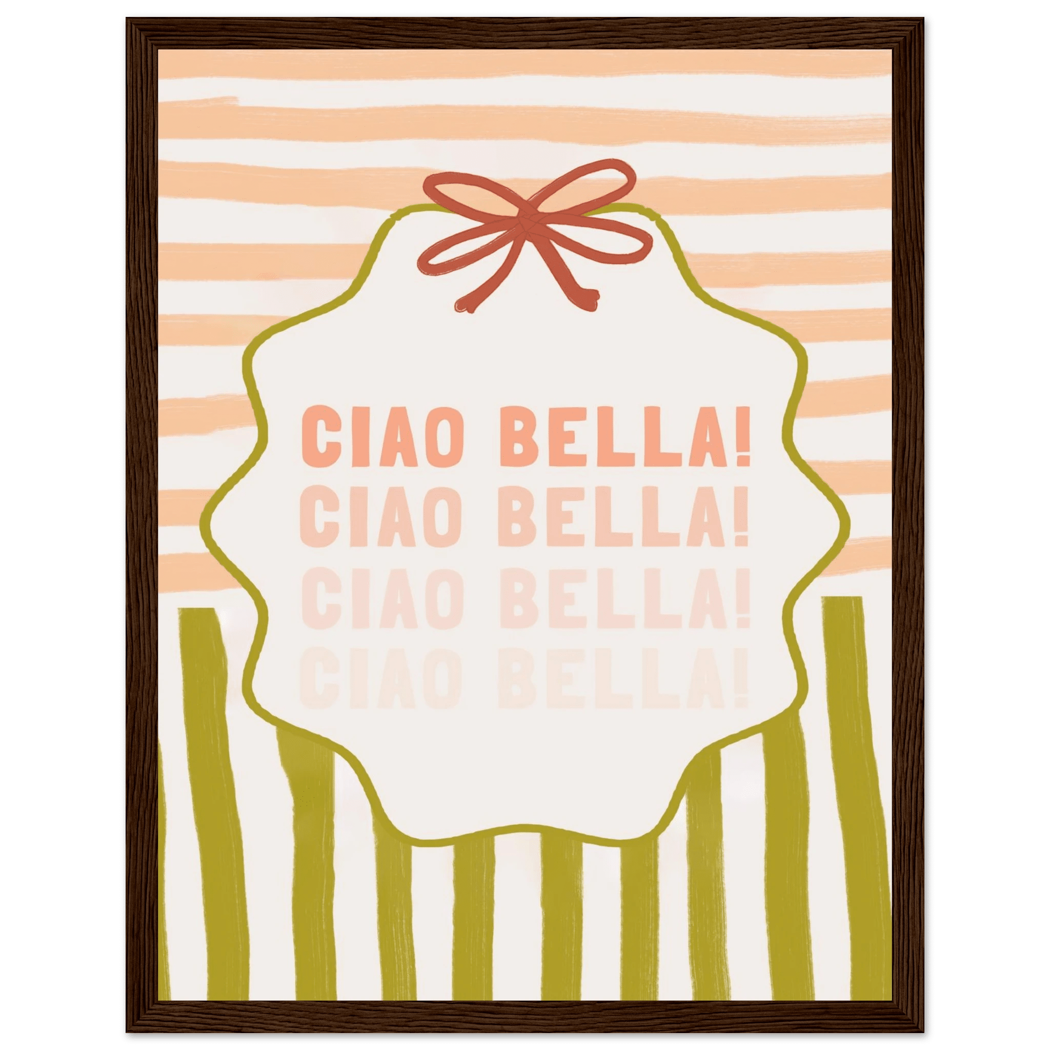 Ciao Bella Poster | Italian Typography Wall Art | Retro Stripe Bow Print | Cute Room Decor - Evergreen Posters