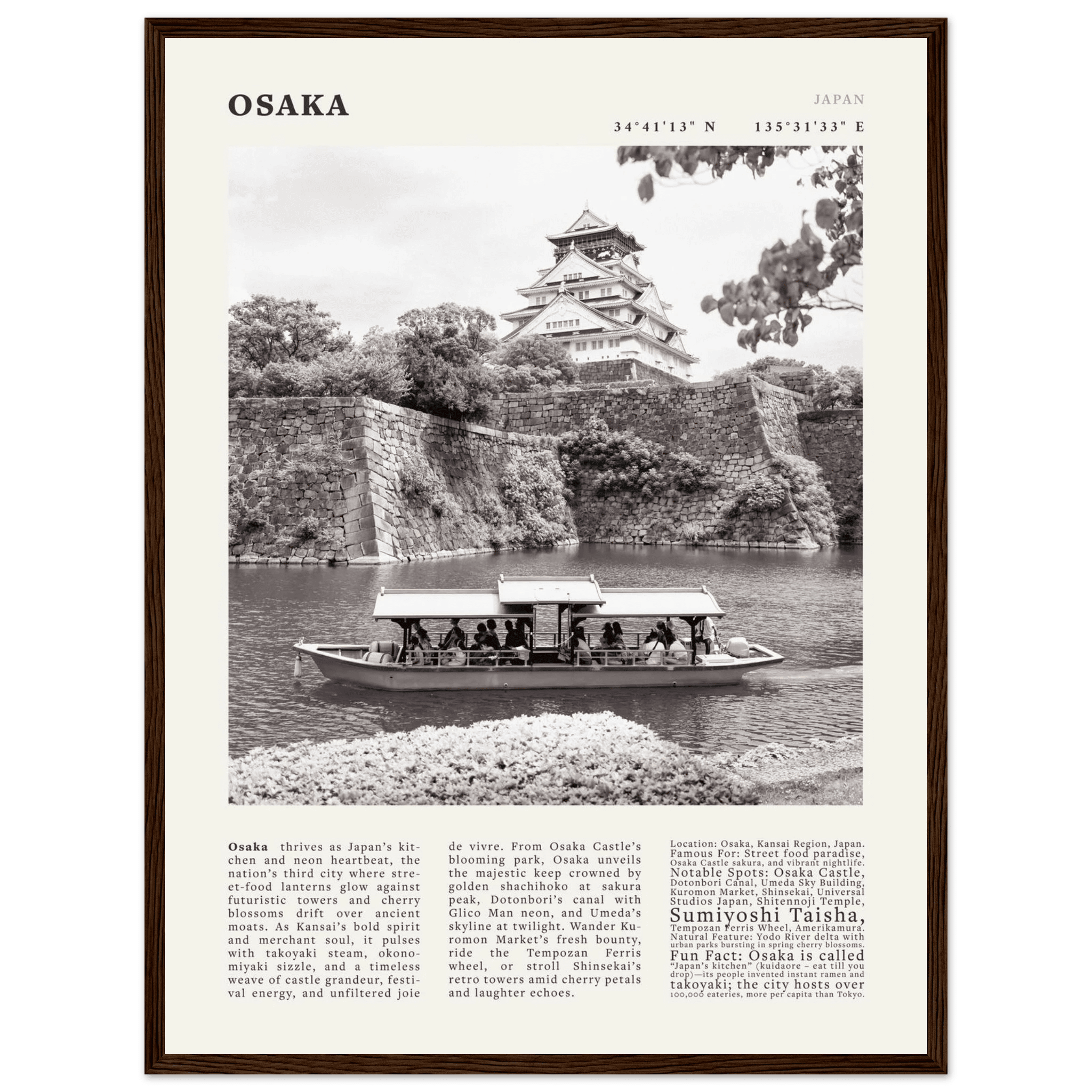 Osaka Poster Black and White – Vintage Osaka Castle Cherry Blossom Print (Digital & Printed Options) - Evergreen Posters