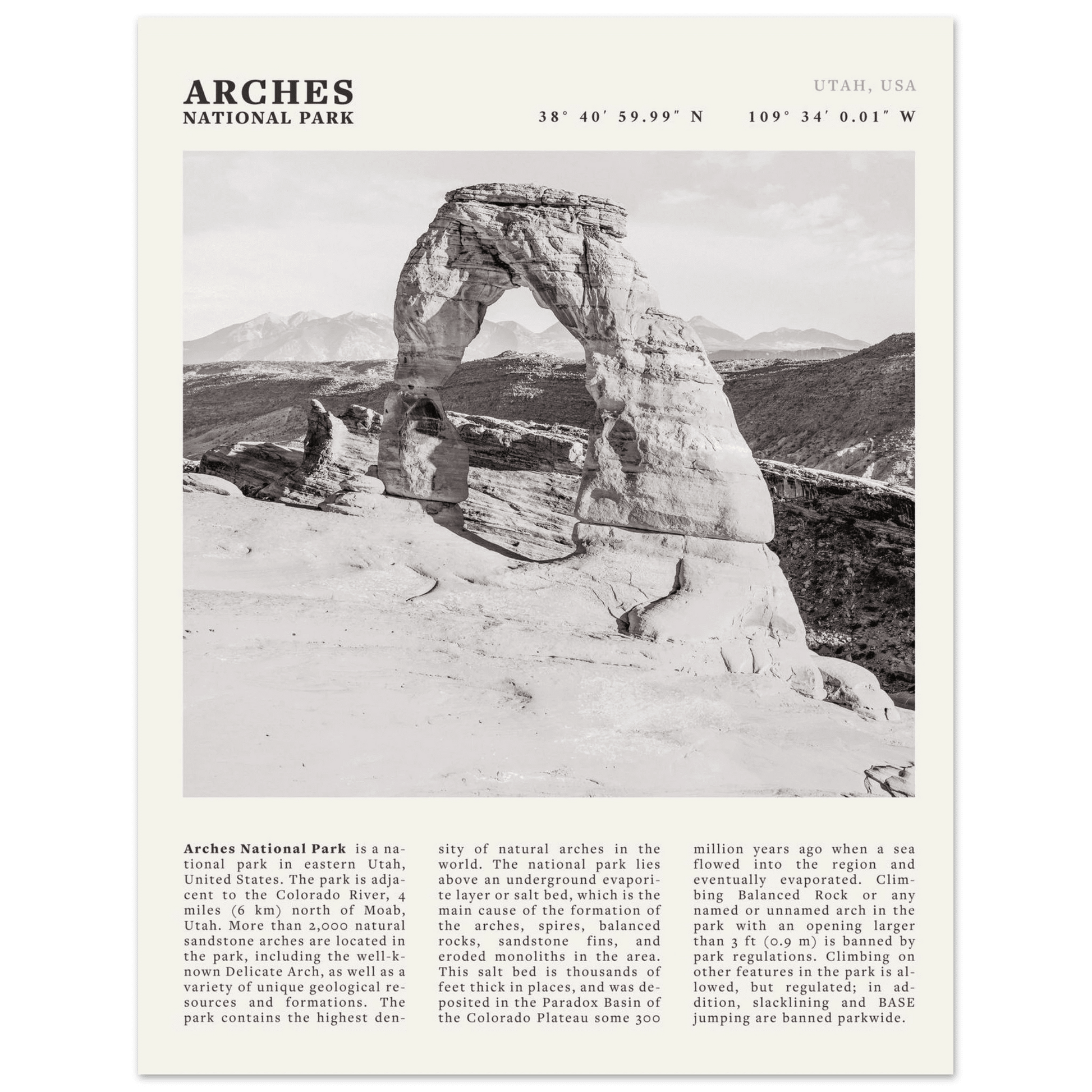 Arches National Park Poster | Black & White Utah Wall Art | Delicate Arch Print - Evergreen Posters