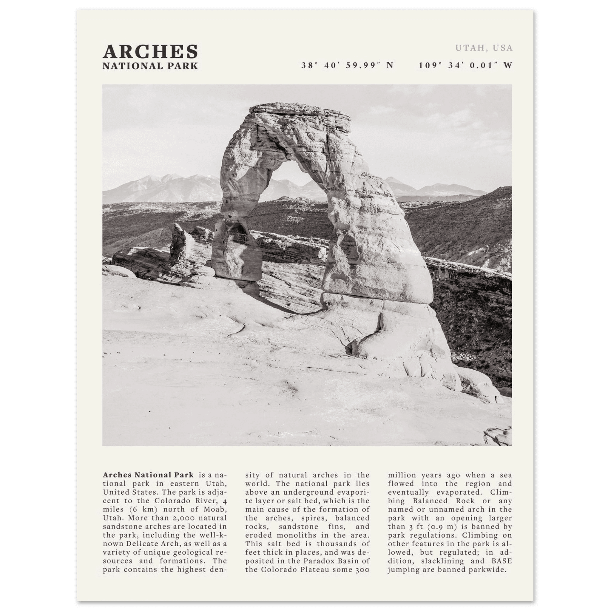 Arches National Park Poster | Black & White Utah Wall Art | Delicate Arch Print - Evergreen Posters