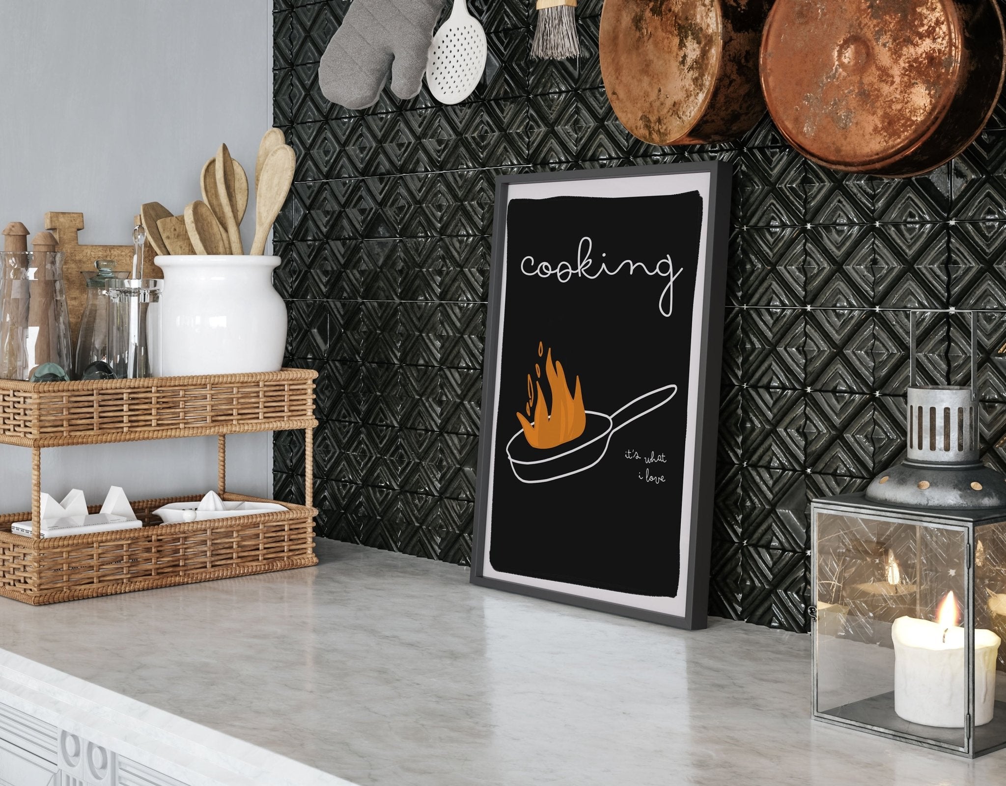 Cooking It's What I Love | Dark Kitchen Quote Wall Art Print - Evergreen Posters