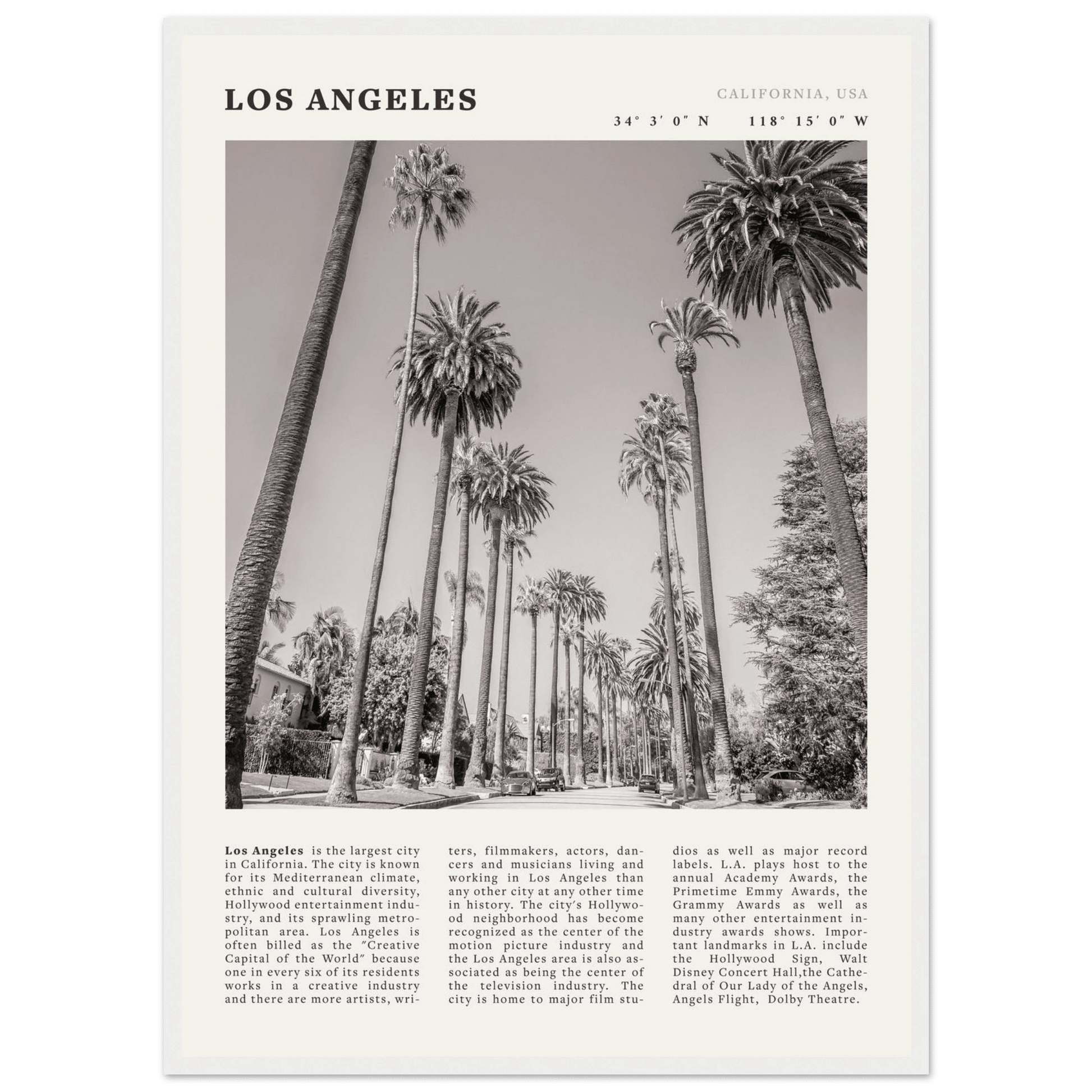 Los Angeles Poster | Black & White Palm Trees Wall Art | California Travel Print - Evergreen Posters