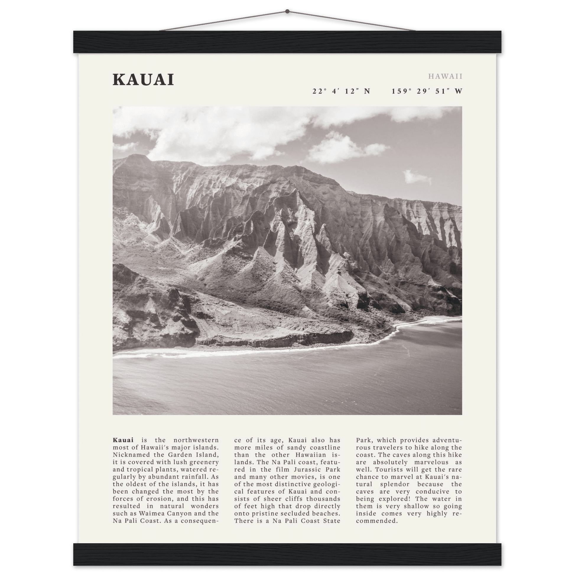 Kauai Poster | Black & White Na Pali Coast Wall Art | Hawaii Travel Print Decor - Evergreen Posters