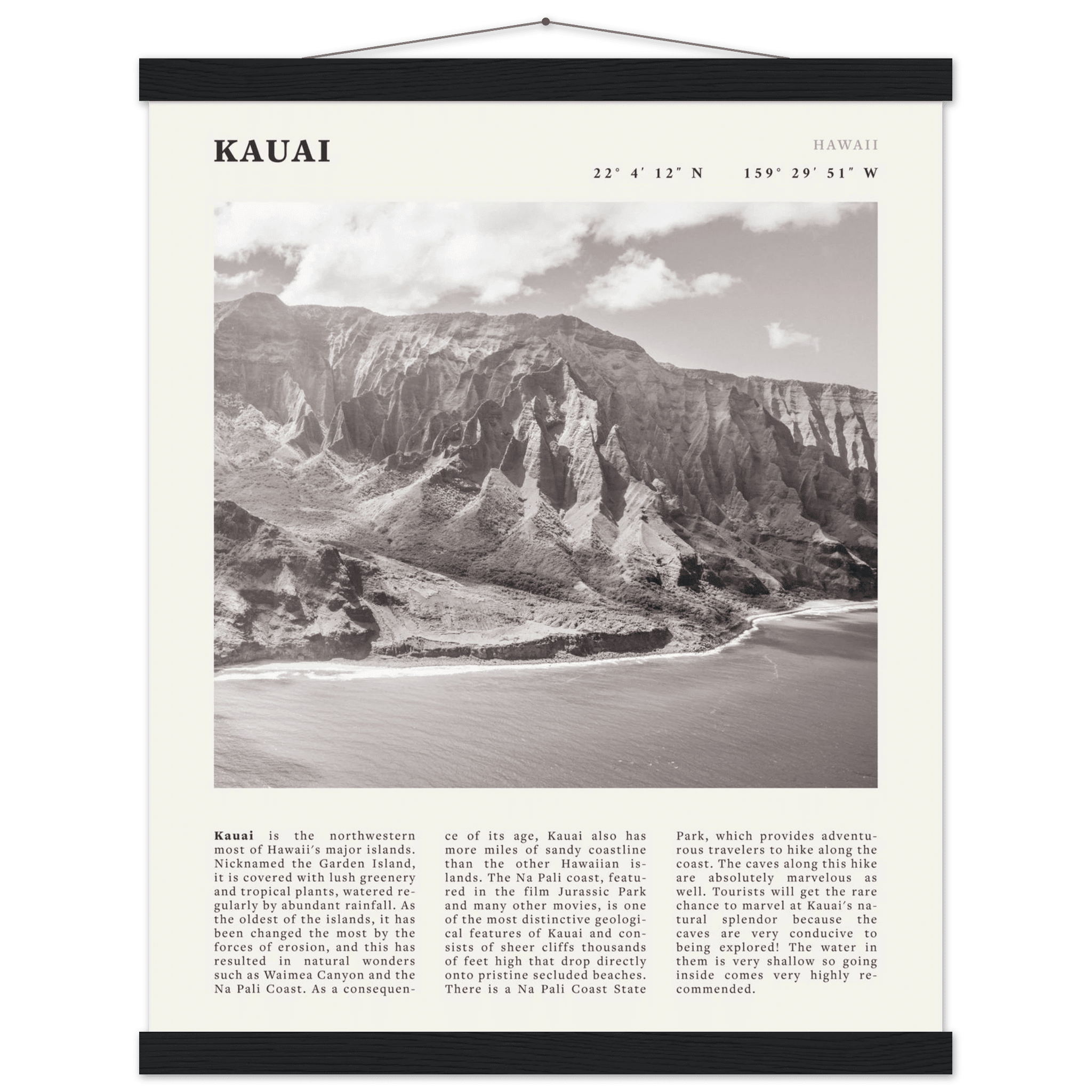 Kauai Poster | Black & White Na Pali Coast Wall Art | Hawaii Travel Print Decor - Evergreen Posters