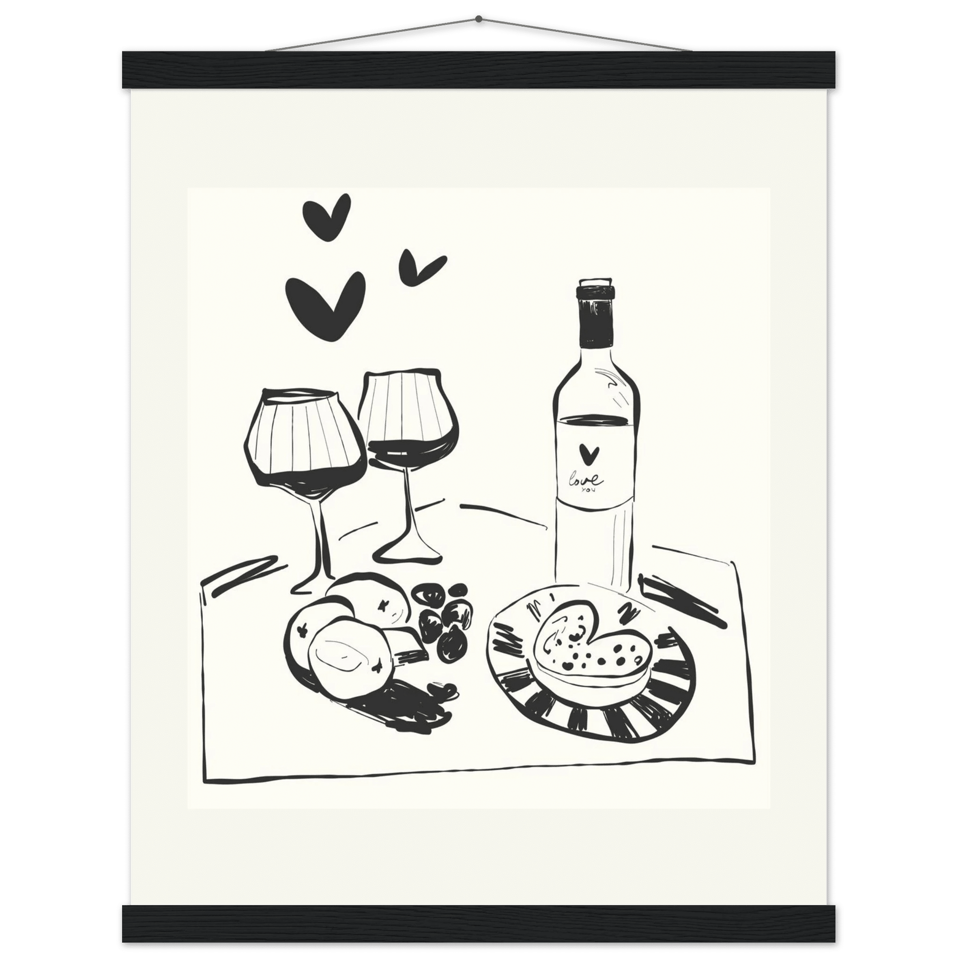 Wine for Two Print | Black Line Art Romantic Kitchen Wall Art | Couples Poster - Evergreen Posters