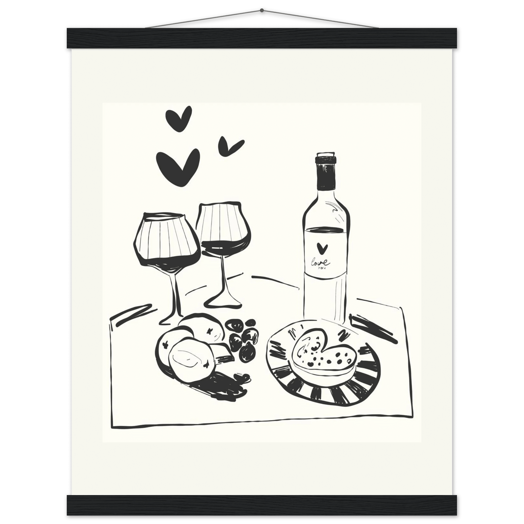 Wine for Two Print | Black Line Art Romantic Kitchen Wall Art | Couples Poster - Evergreen Posters