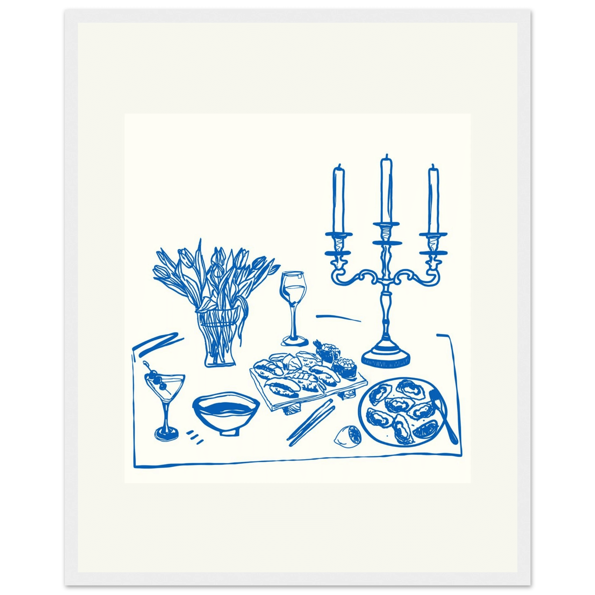 Fine Dining Table Print | Blue Line Art Kitchen Wall Art | Elegant Dining Room Poster - Evergreen Posters