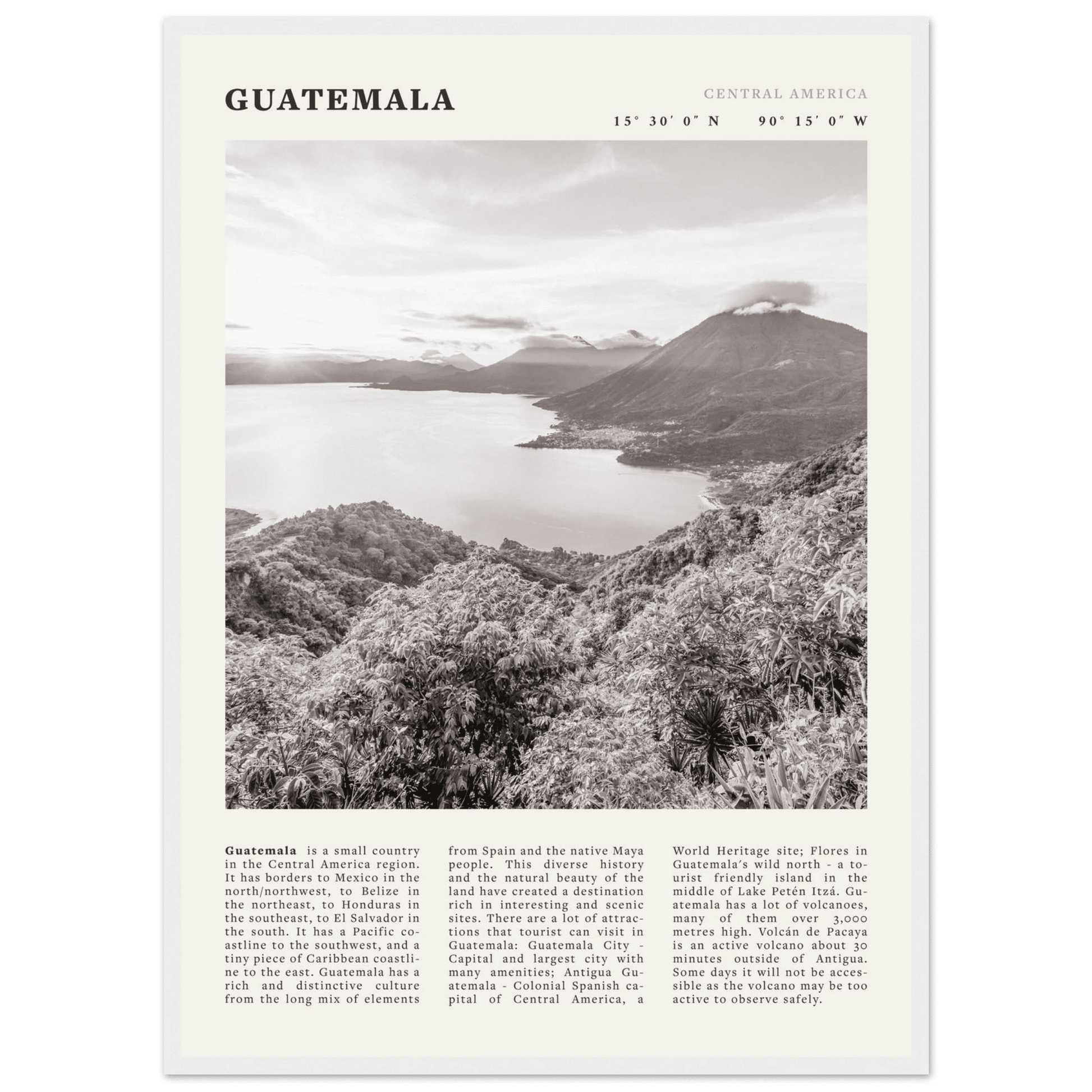 Guatemala Poster | Black & White Lake Atitlan Wall Art | Central America Travel Print - Evergreen Posters