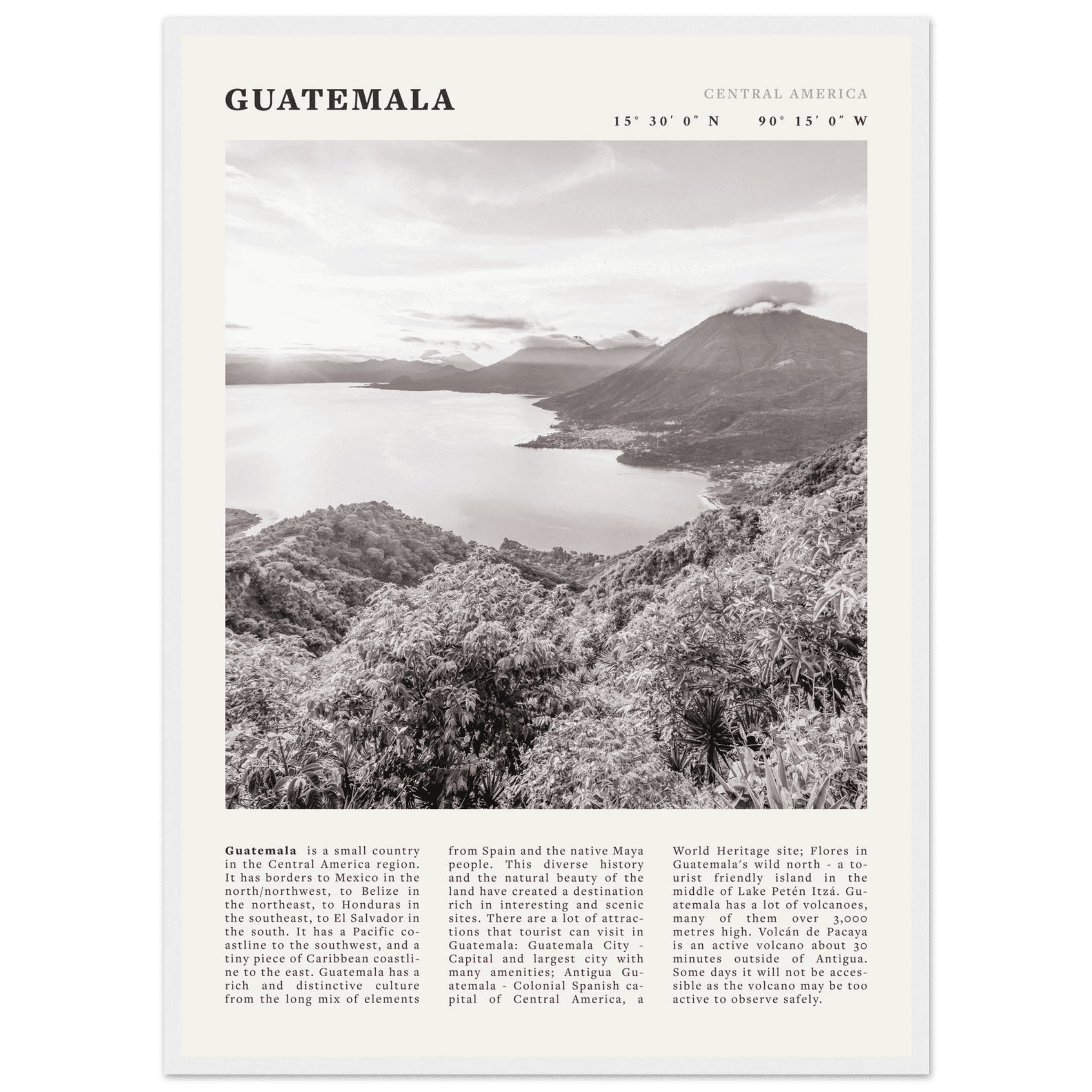Guatemala Poster | Black & White Lake Atitlan Wall Art | Central America Travel Print - Evergreen Posters