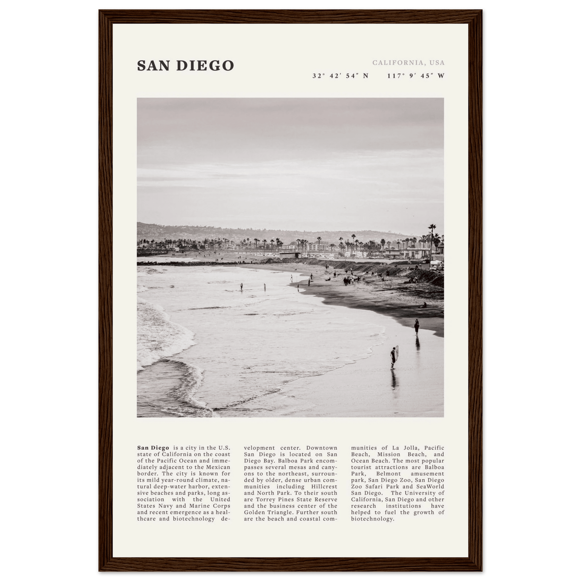 San Diego Poster | Black & White California Beach Wall Art | Coastal Travel Print Decor - Evergreen Posters