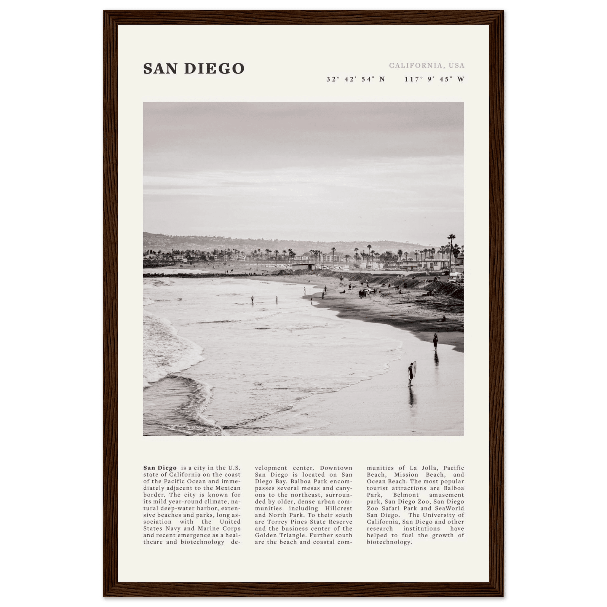 San Diego Poster | Black & White California Beach Wall Art | Coastal Travel Print Decor - Evergreen Posters