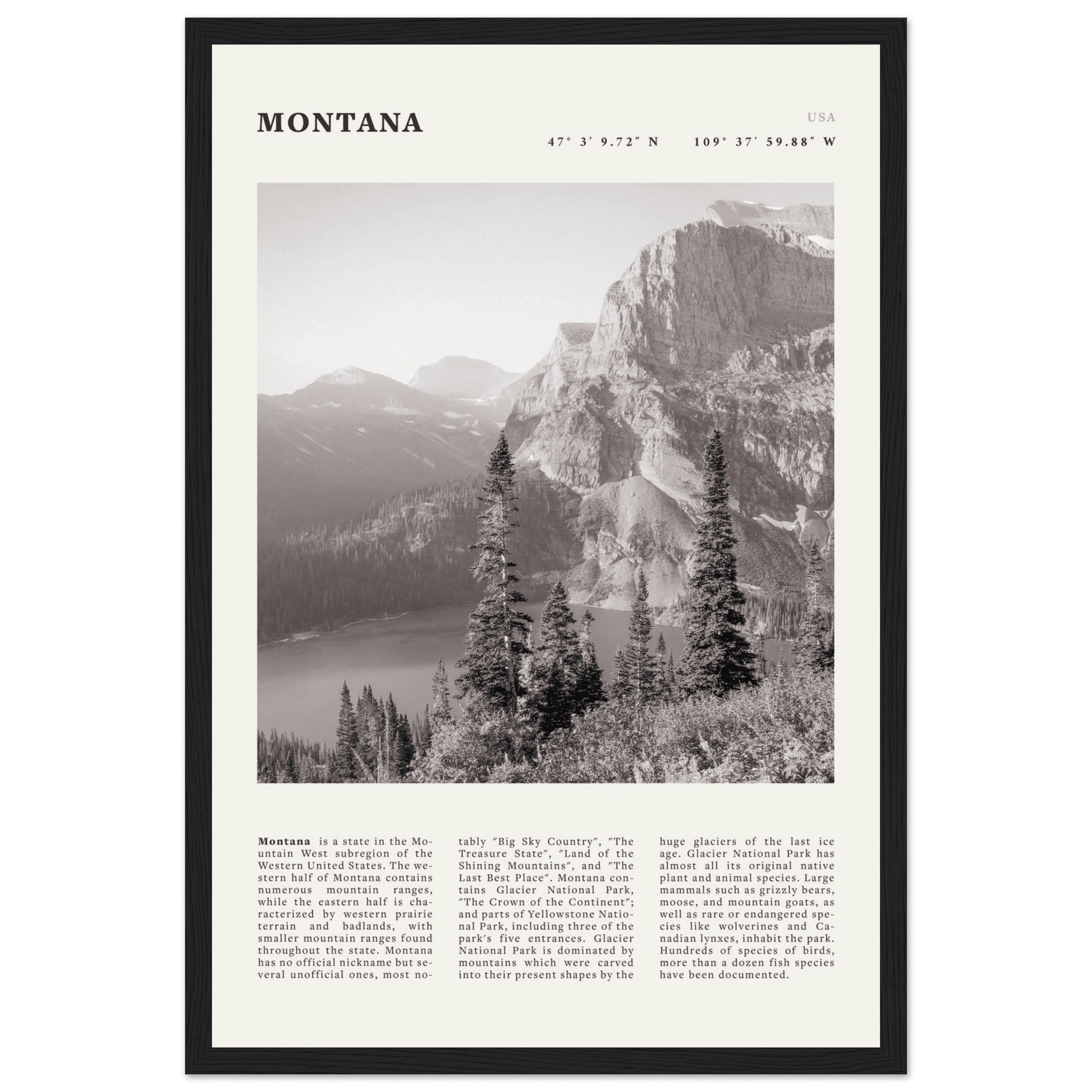 Montana Poster | Black & White Glacier National Park Wall Art | Nature Travel Print - Evergreen Posters