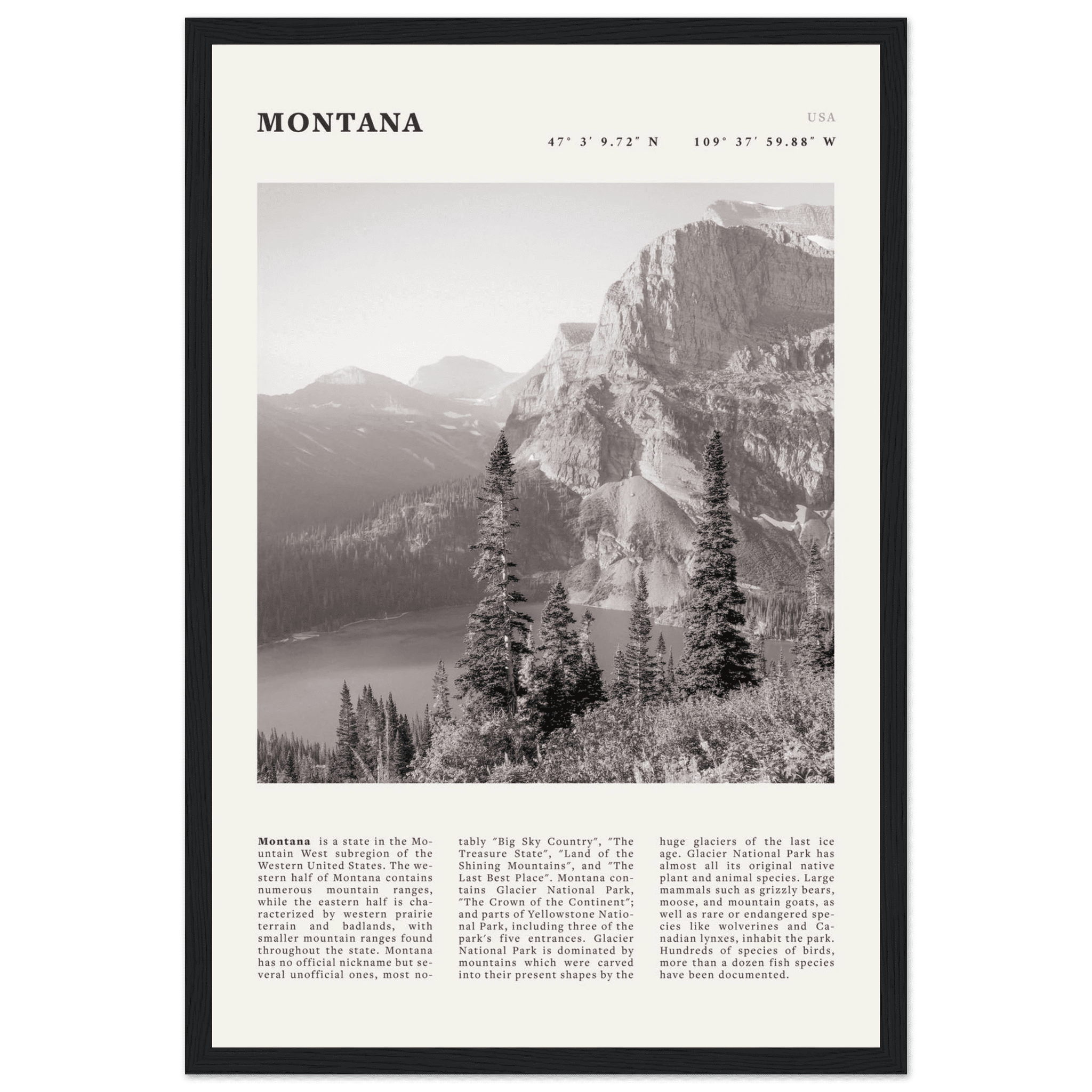 Montana Poster | Black & White Glacier National Park Wall Art | Nature Travel Print - Evergreen Posters