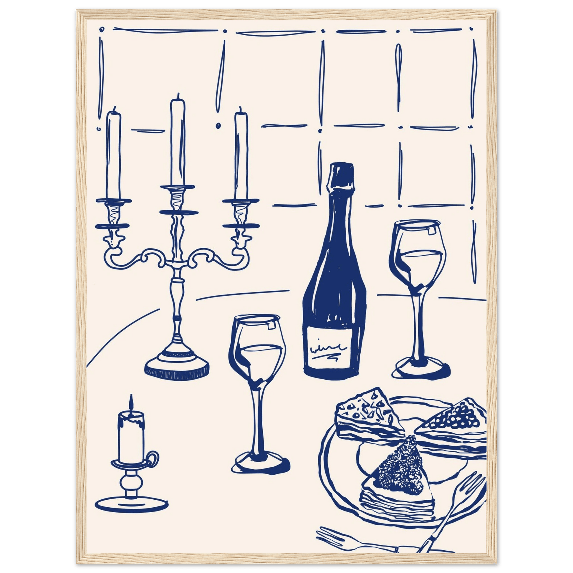 Candlelight Dinner Print | Navy Blue Wine & Candelabra Line Art | Kitchen Poster - Evergreen Posters