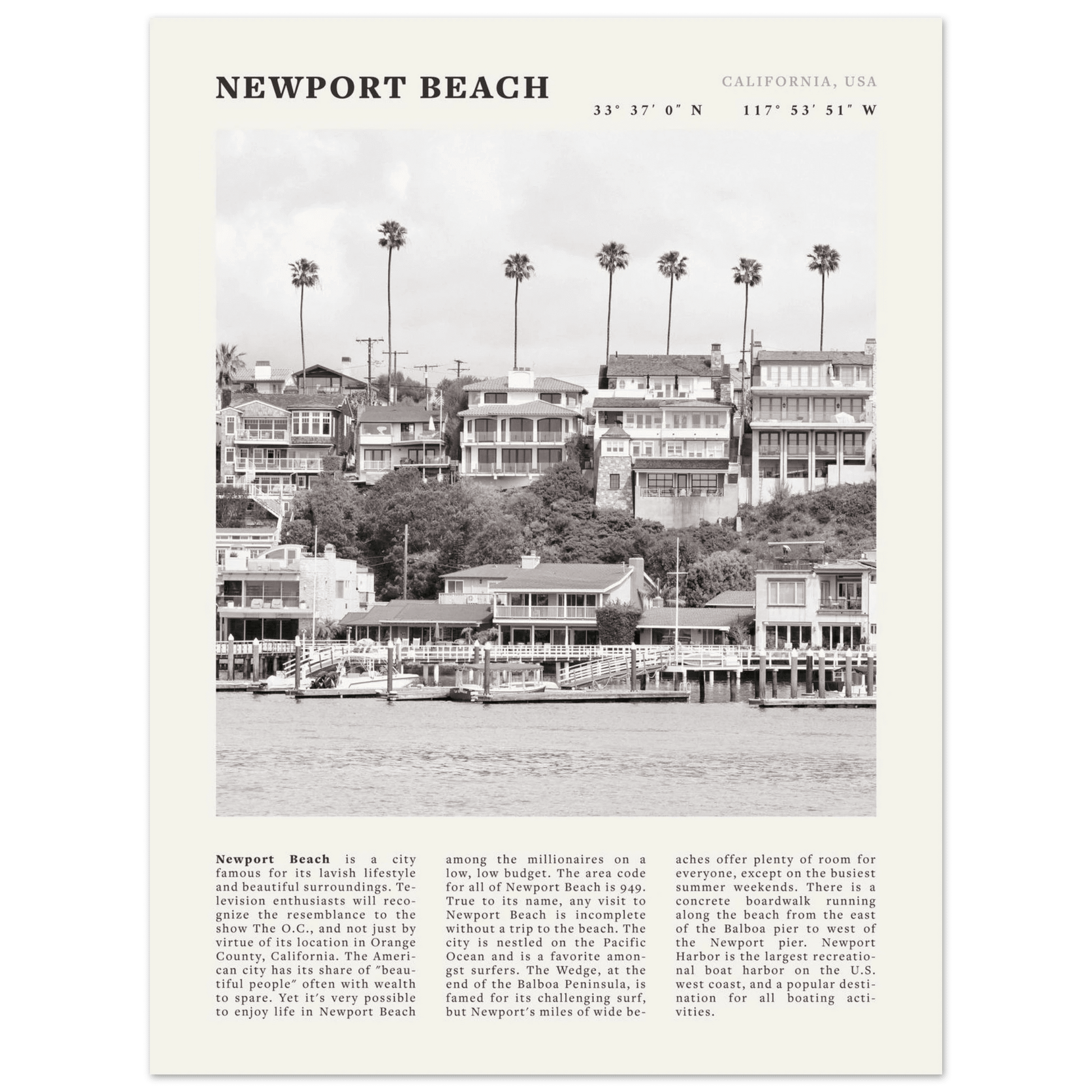 Newport Beach Poster | Black & White California Harbor Wall Art | Coastal Print - Evergreen Posters