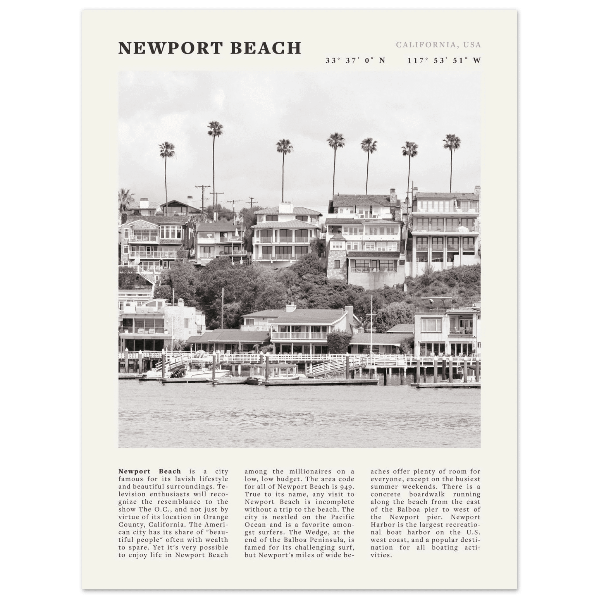 Newport Beach Poster | Black & White California Harbor Wall Art | Coastal Print - Evergreen Posters