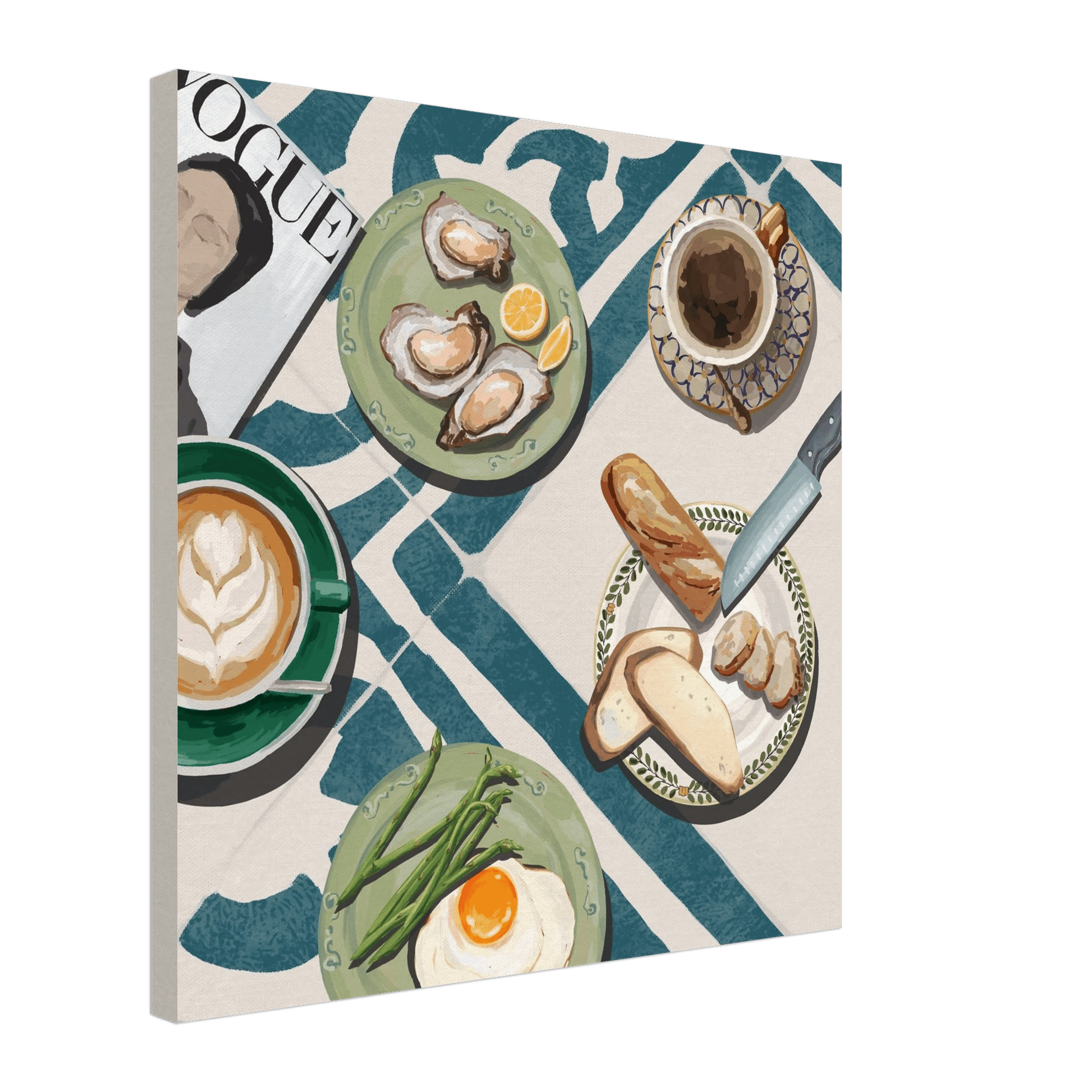 Oysters & Vogue Brunch Poster | Luxury Kitchen Wall Art | Blue Tile Square Print - Evergreen Posters - 30