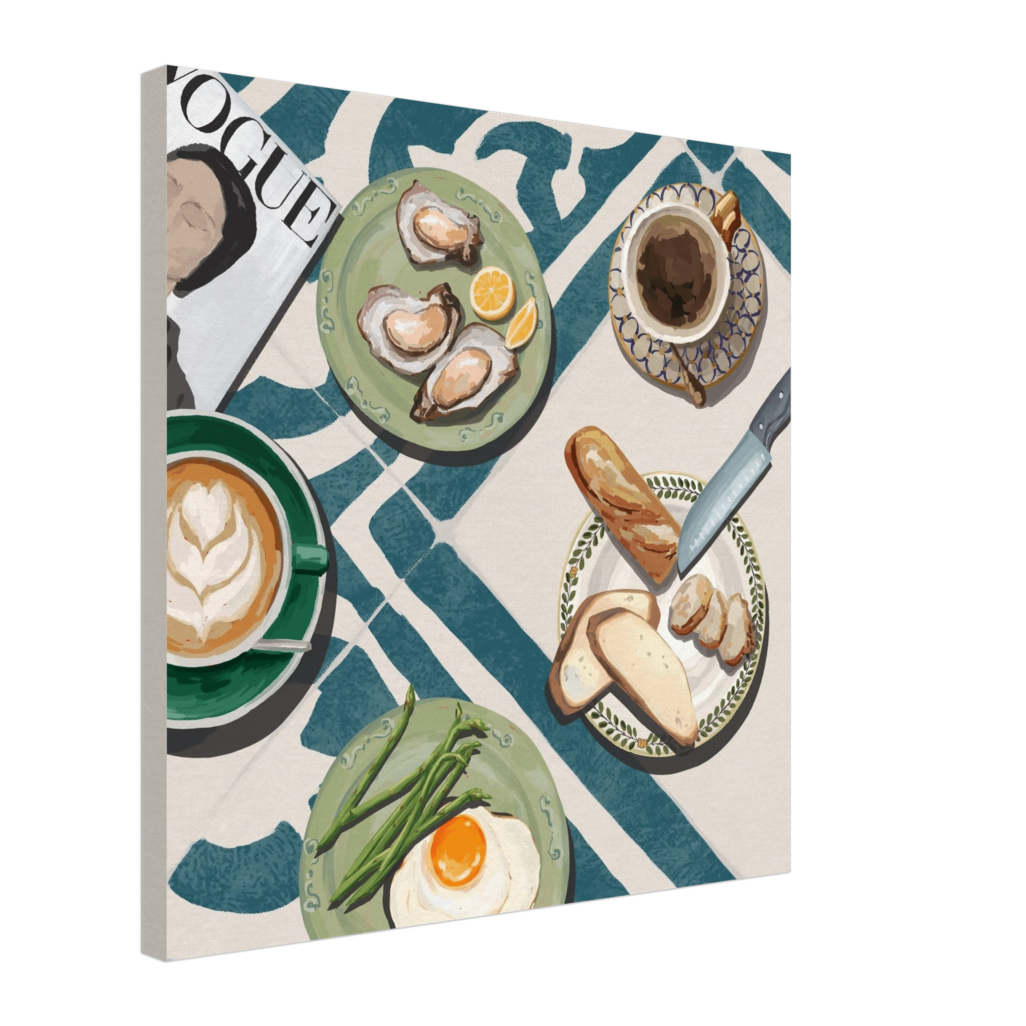 Oysters & Vogue Brunch Poster | Luxury Kitchen Wall Art | Blue Tile Square Print - Evergreen Posters - 30