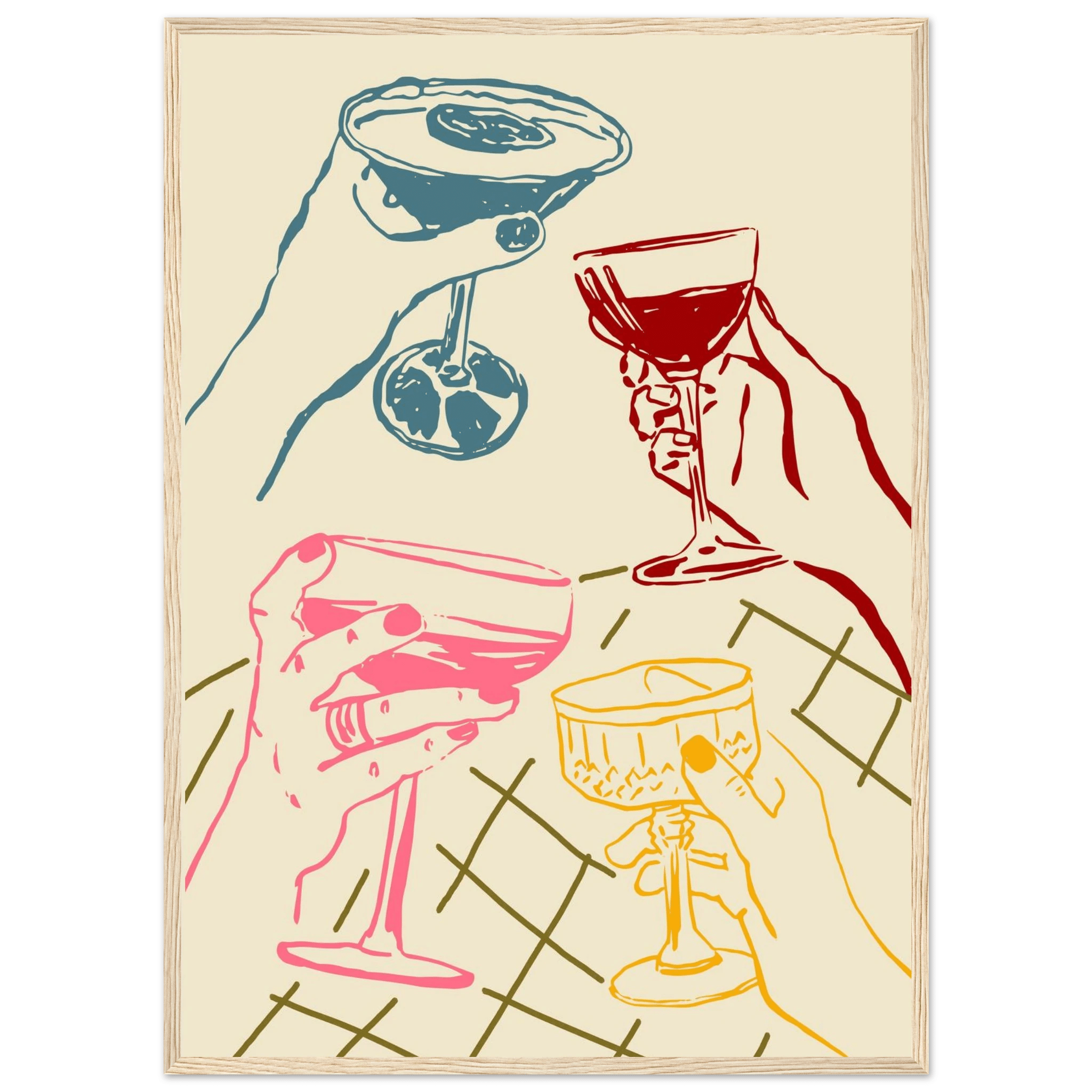 Cheers Print | Colourful Cocktail Glasses Wall Art | Kitchen Bar Poster - Evergreen Posters