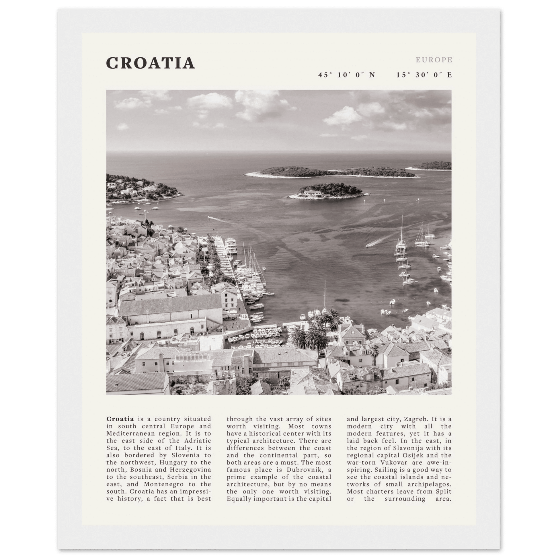 Croatia Poster | Black & White Hvar Island Wall Art | Adriatic Travel Print Decor - Evergreen Posters