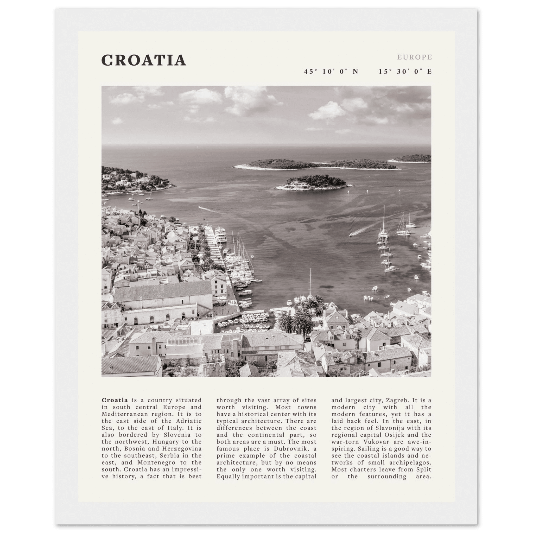 Croatia Poster | Black & White Hvar Island Wall Art | Adriatic Travel Print Decor - Evergreen Posters