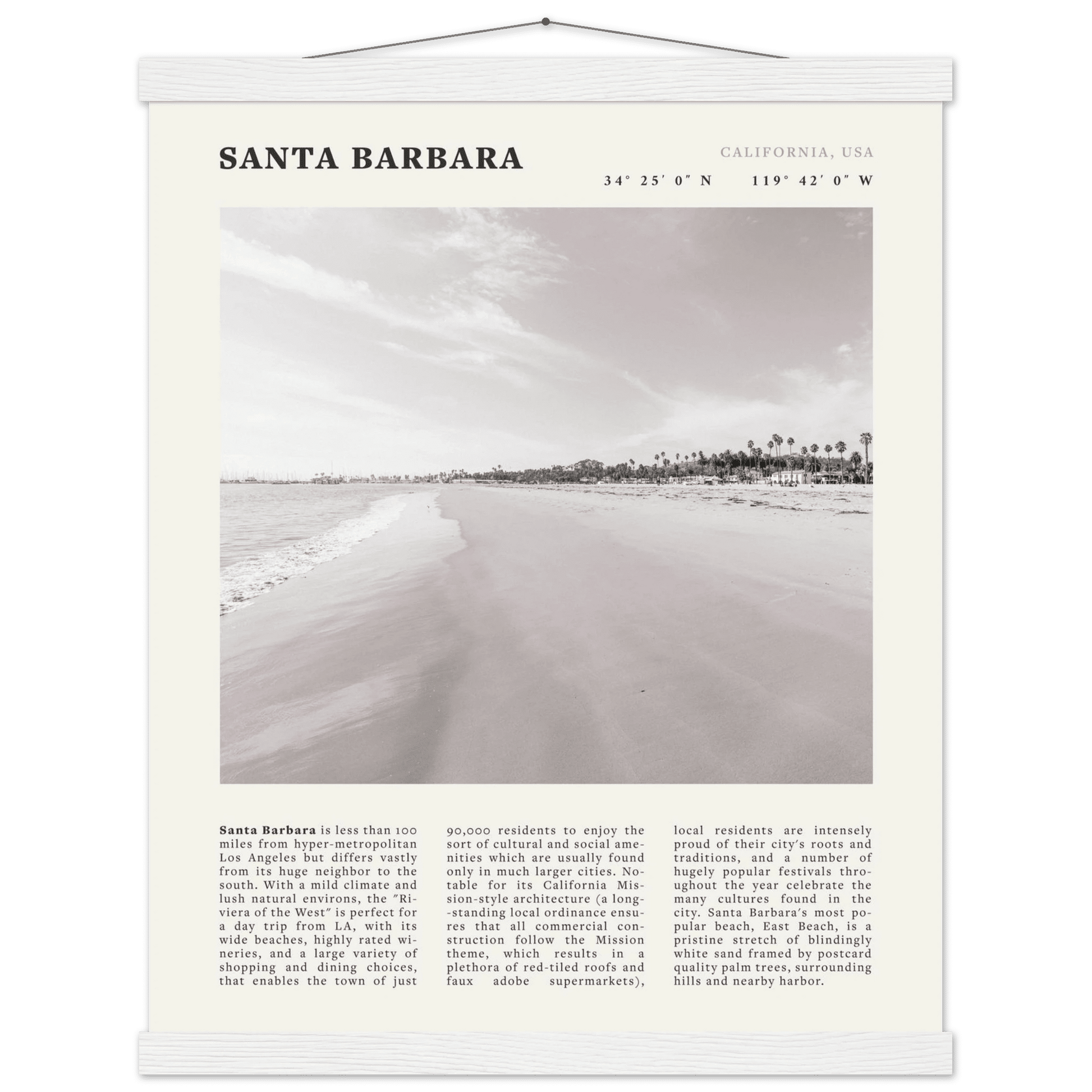 Santa Barbara Poster | Black & White California Beach Wall Art | CA Travel Print - Evergreen Posters