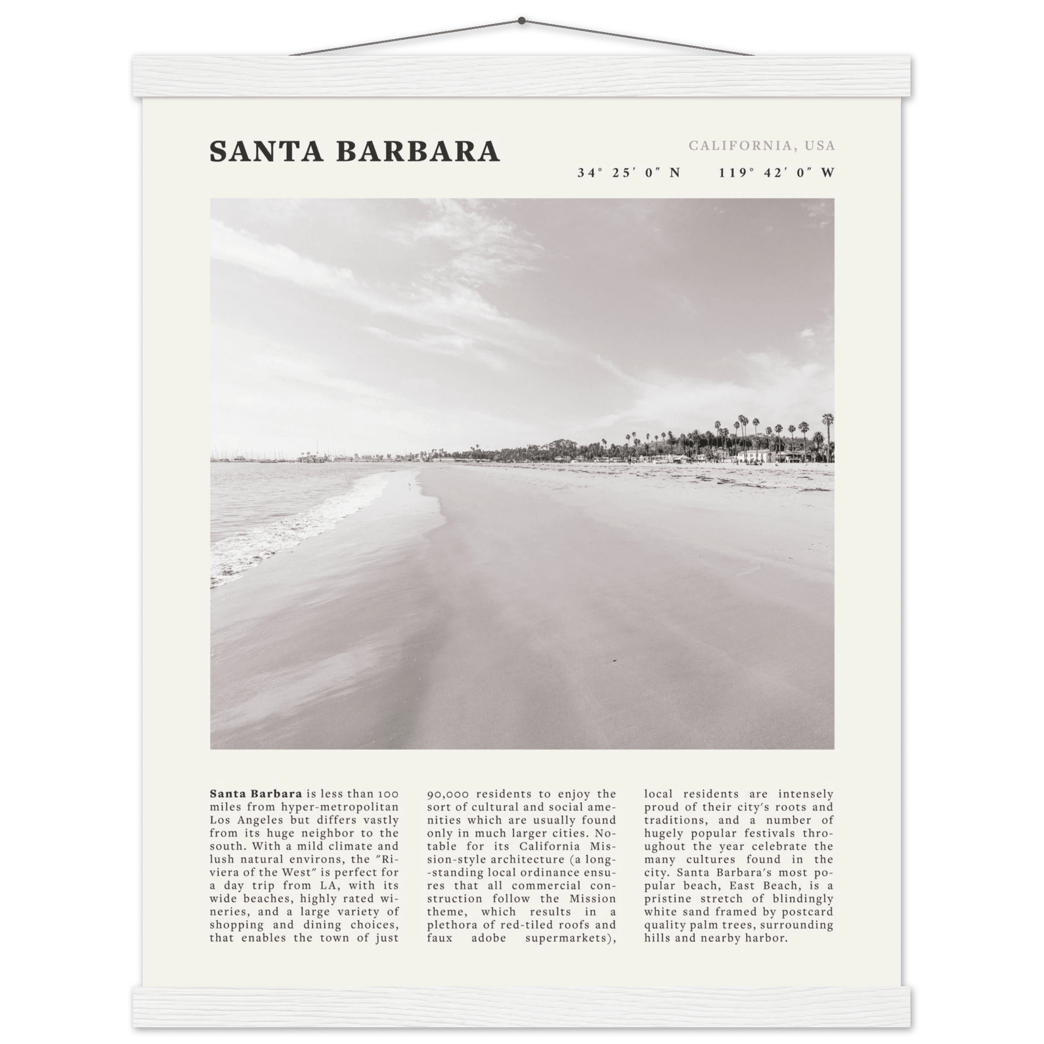 Santa Barbara Poster | Black & White California Beach Wall Art | CA Travel Print - Evergreen Posters
