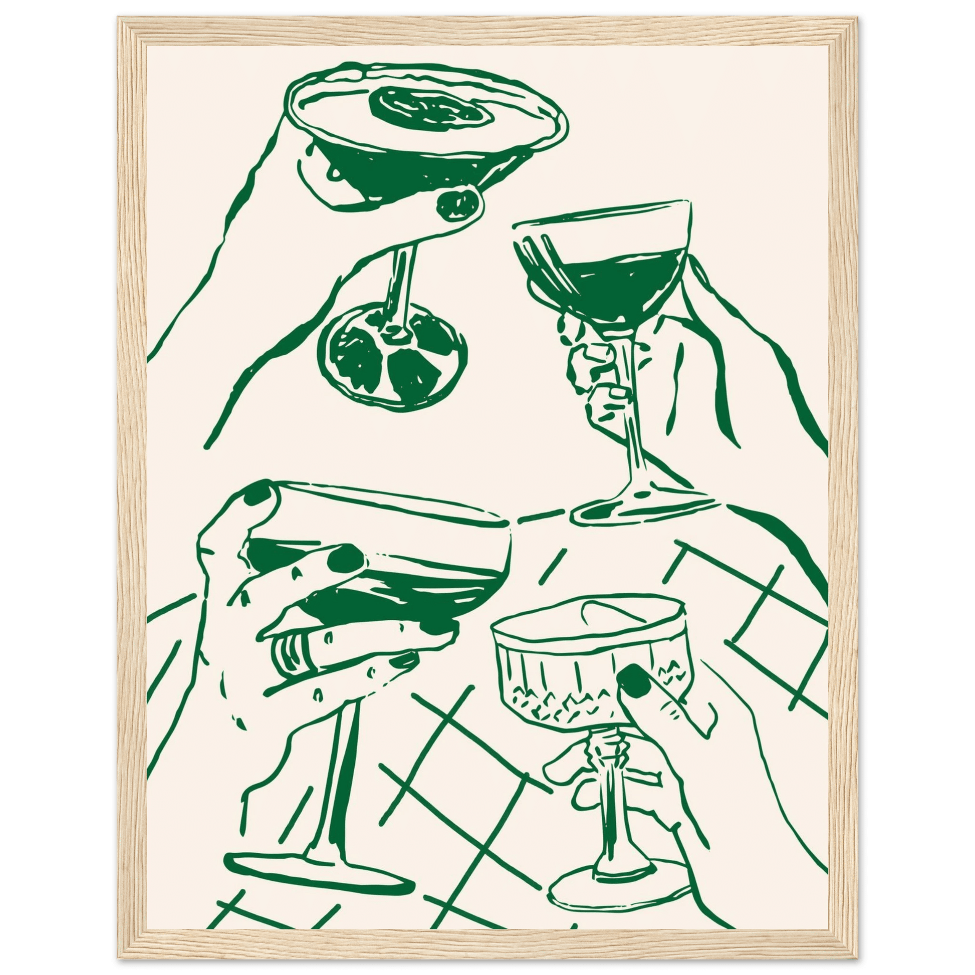 Cheers Print | Forest Green Cocktail Glasses Wall Art | Kitchen Bar Poster - Evergreen Posters