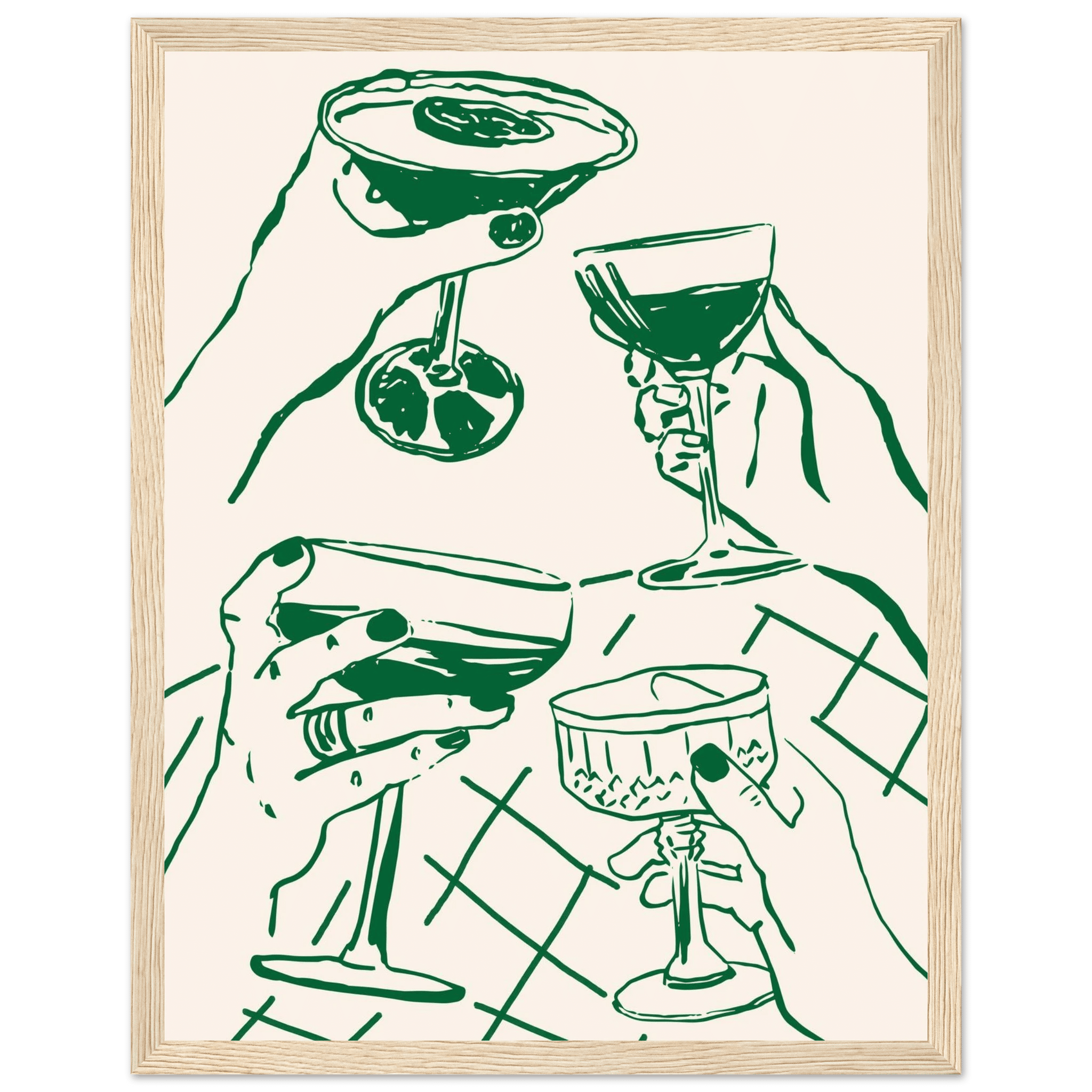 Cheers Print | Forest Green Cocktail Glasses Wall Art | Kitchen Bar Poster - Evergreen Posters