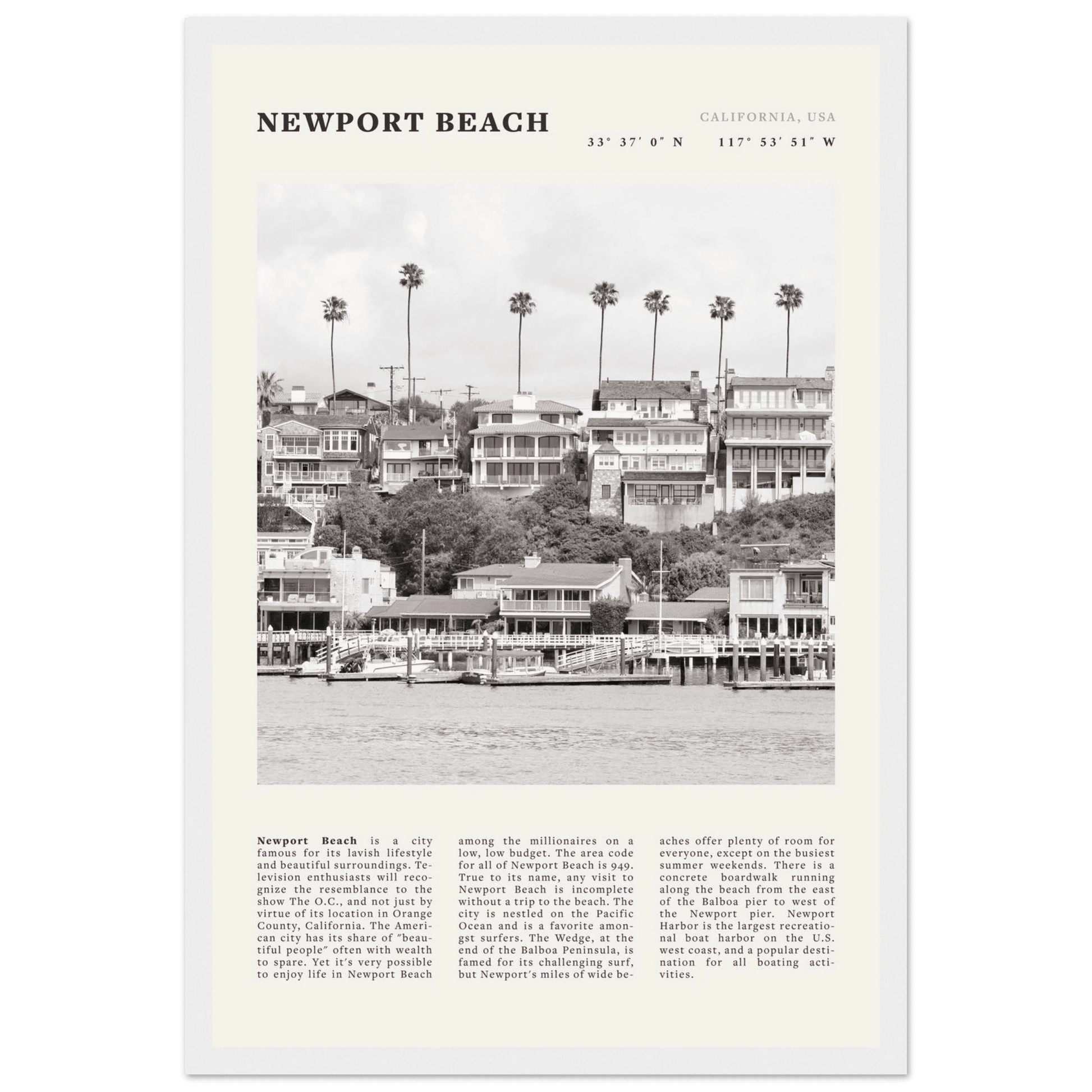 Newport Beach Poster | Black & White California Harbor Wall Art | Coastal Print - Evergreen Posters