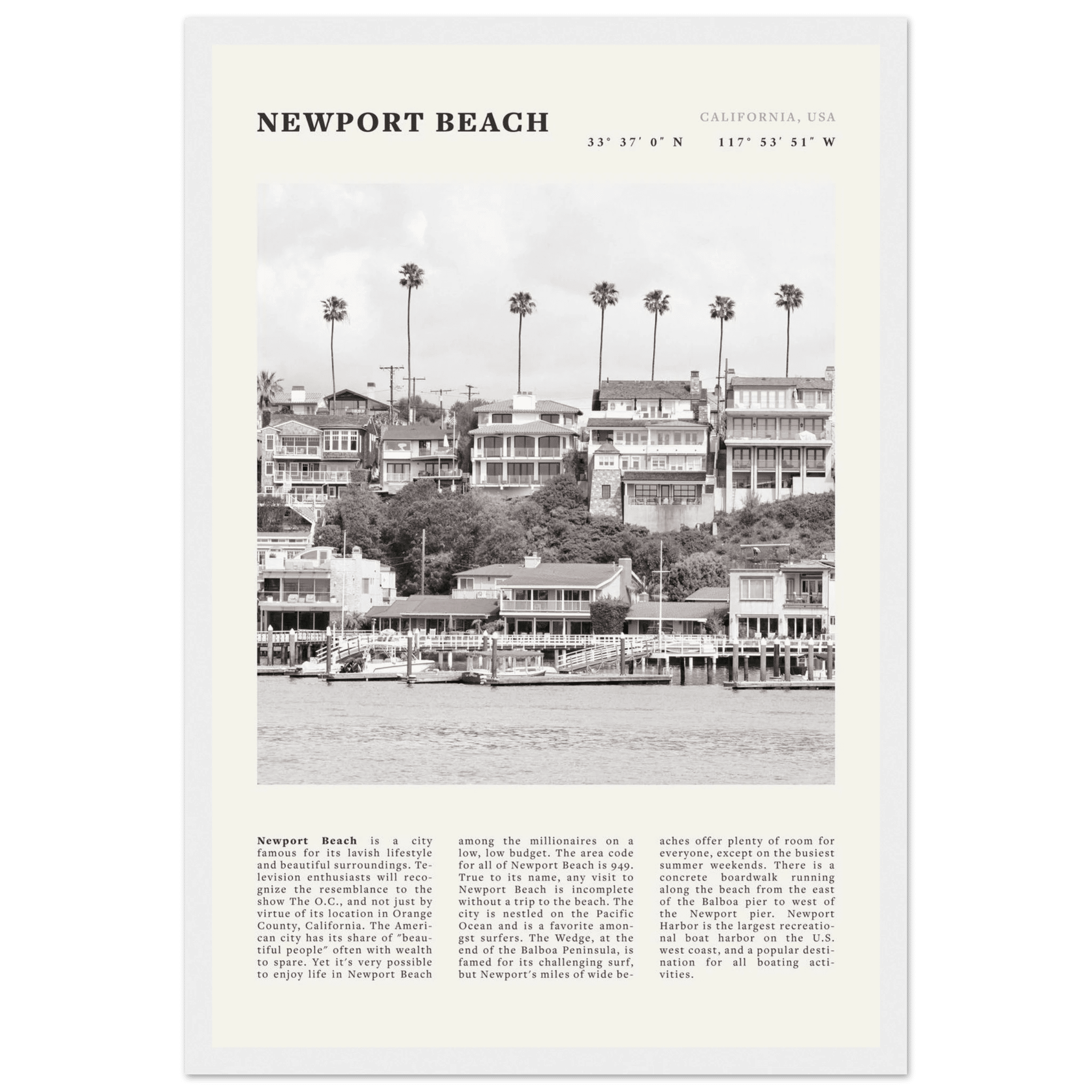Newport Beach Poster | Black & White California Harbor Wall Art | Coastal Print - Evergreen Posters