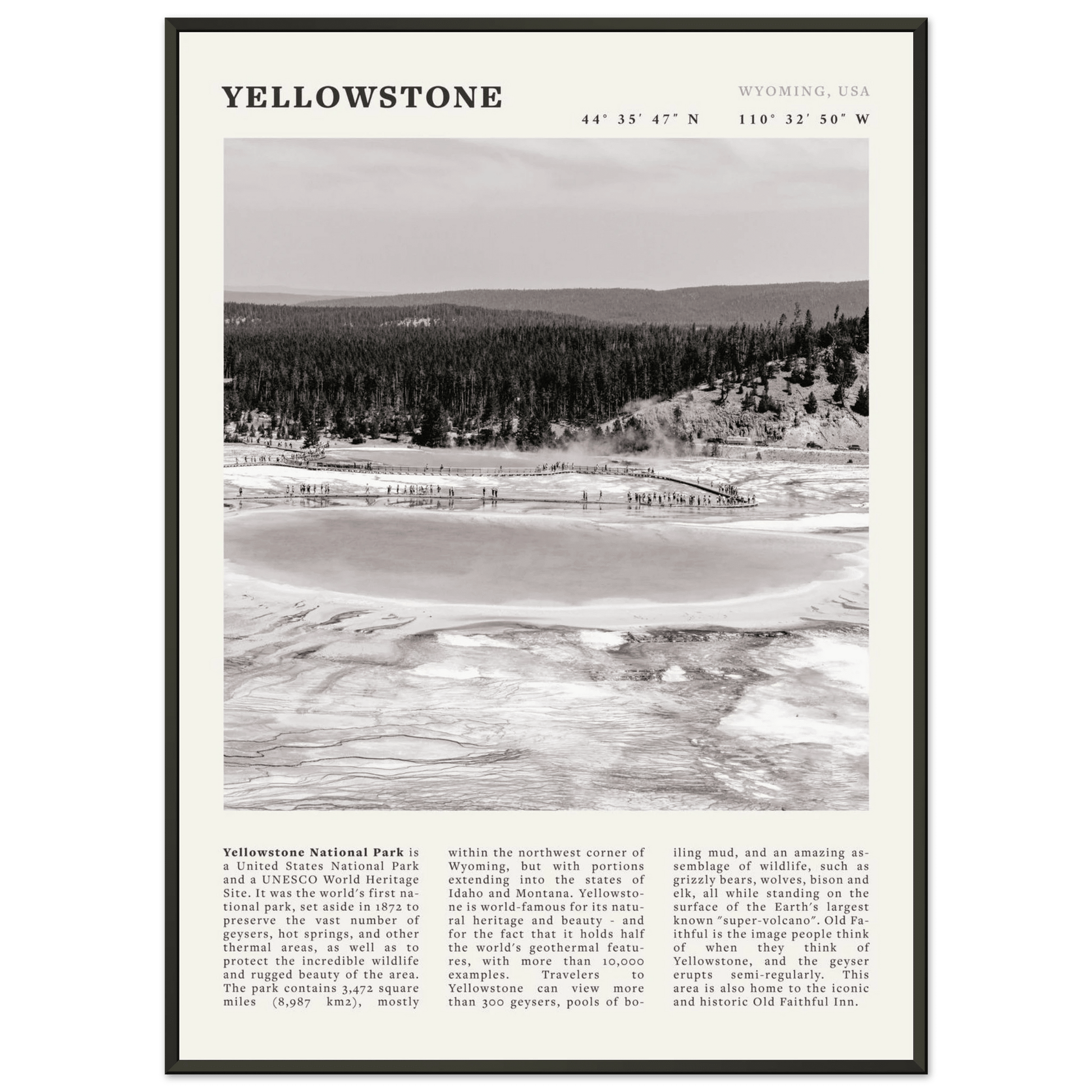 Yellowstone Poster | Black & White Grand Prismatic Spring Wall Art | WY Print - Evergreen Posters