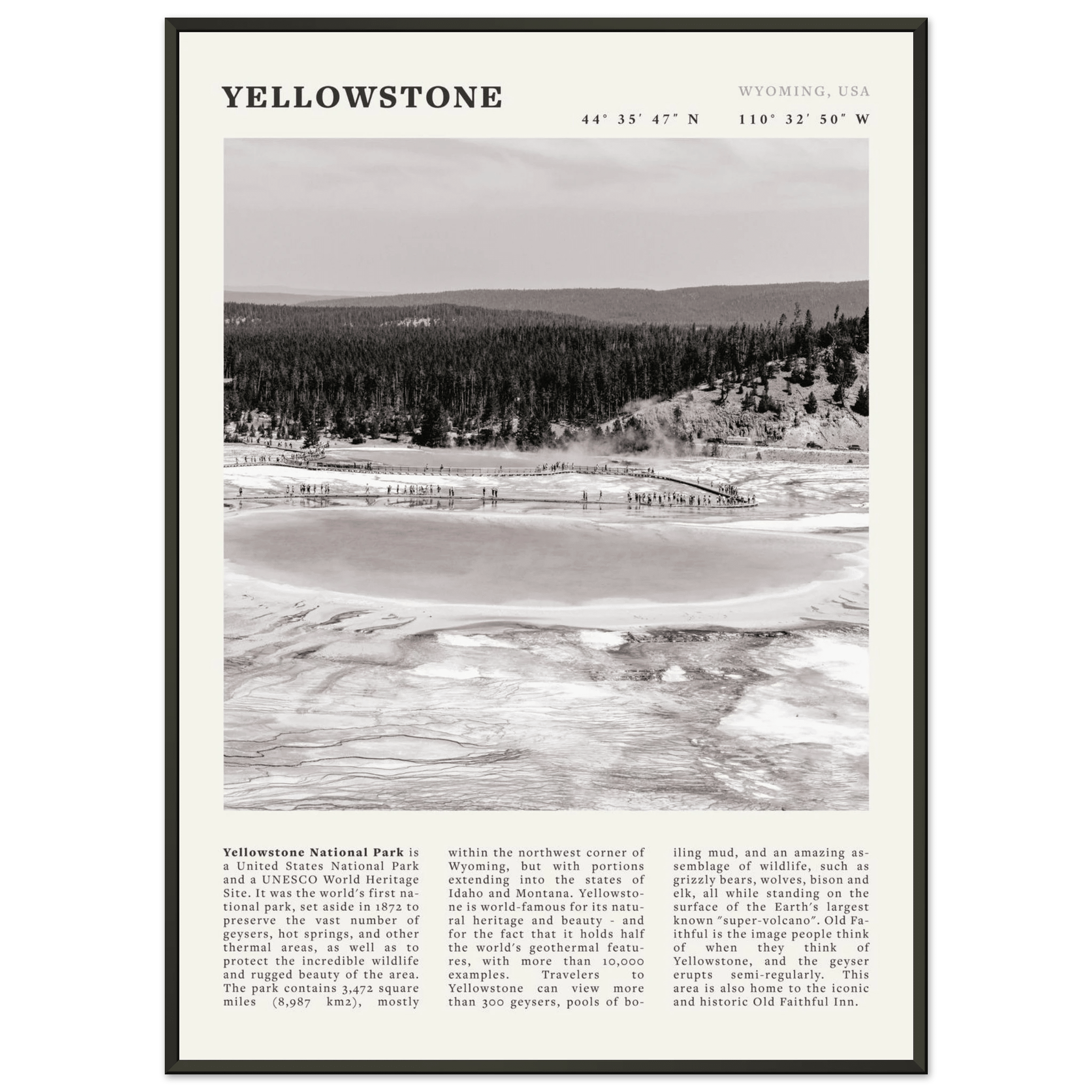 Yellowstone Poster | Black & White Grand Prismatic Spring Wall Art | WY Print - Evergreen Posters