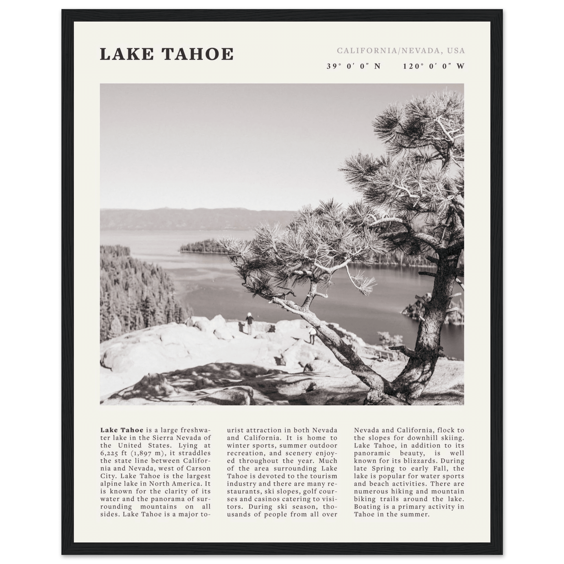 Lake Tahoe Poster | Black & White California Nevada Wall Art | Nature Travel Print Decor - Evergreen Posters