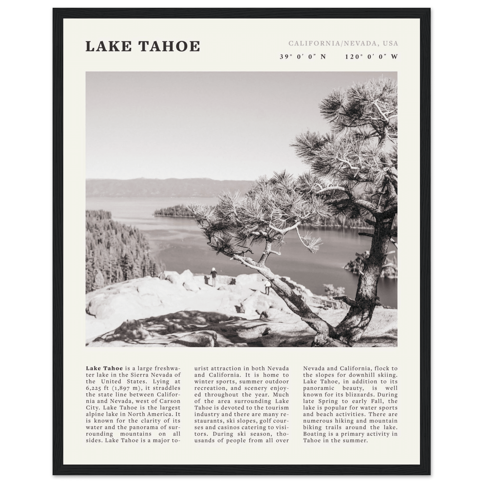Lake Tahoe Poster | Black & White California Nevada Wall Art | Nature Travel Print Decor - Evergreen Posters