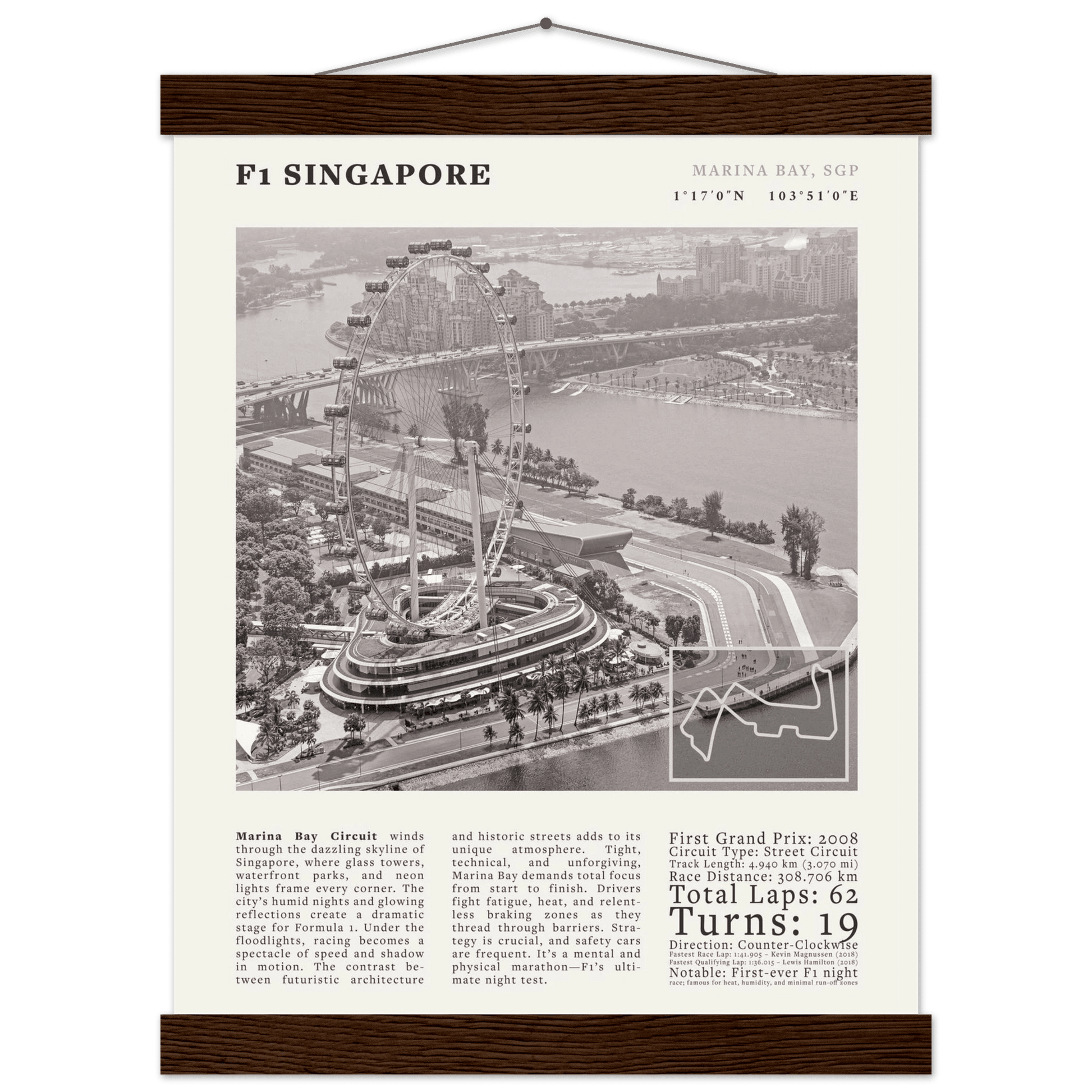 F1 Singapore Poster Black and White – Vintage Marina Bay Night Race Print (Digital & Printed Options) - Evergreen Posters