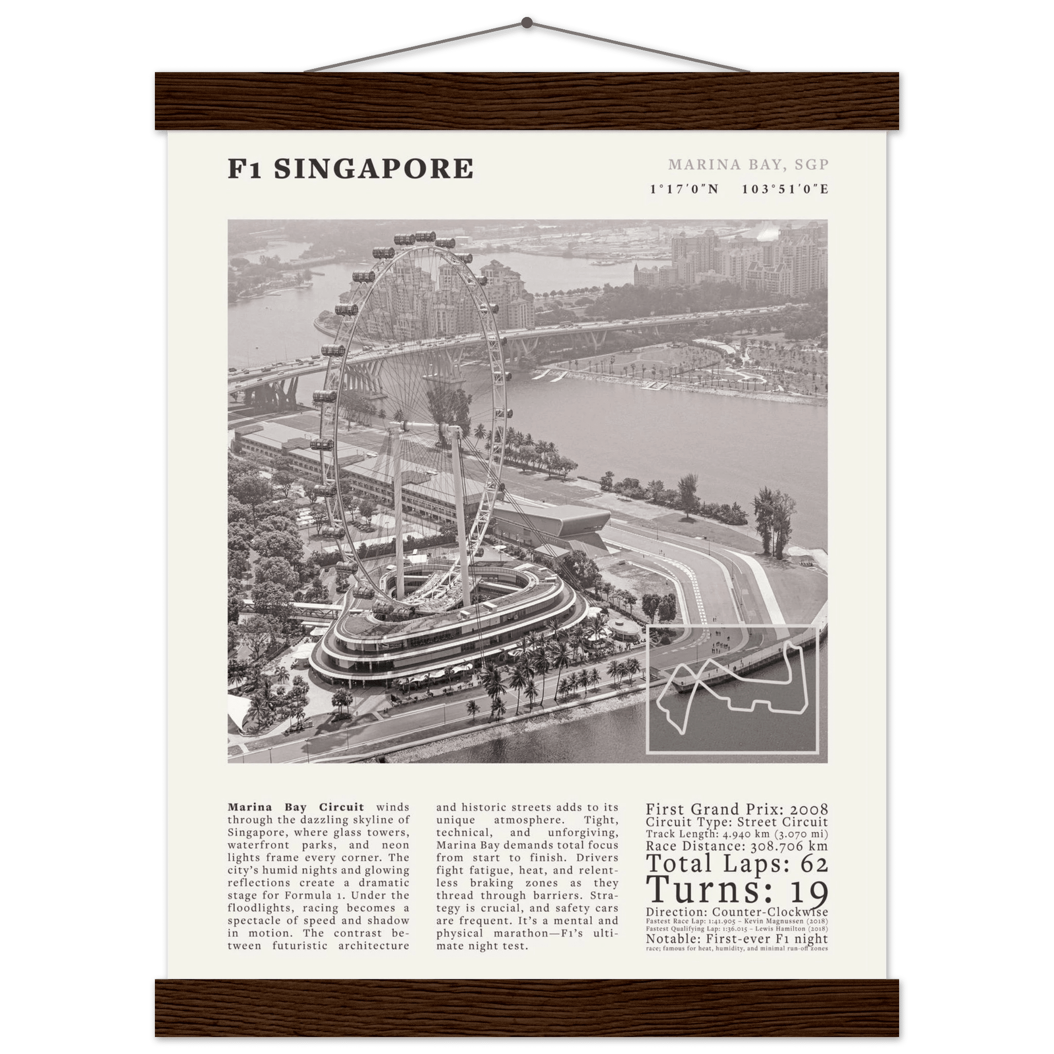 F1 Singapore Poster Black and White – Vintage Marina Bay Night Race Print (Digital & Printed Options) - Evergreen Posters