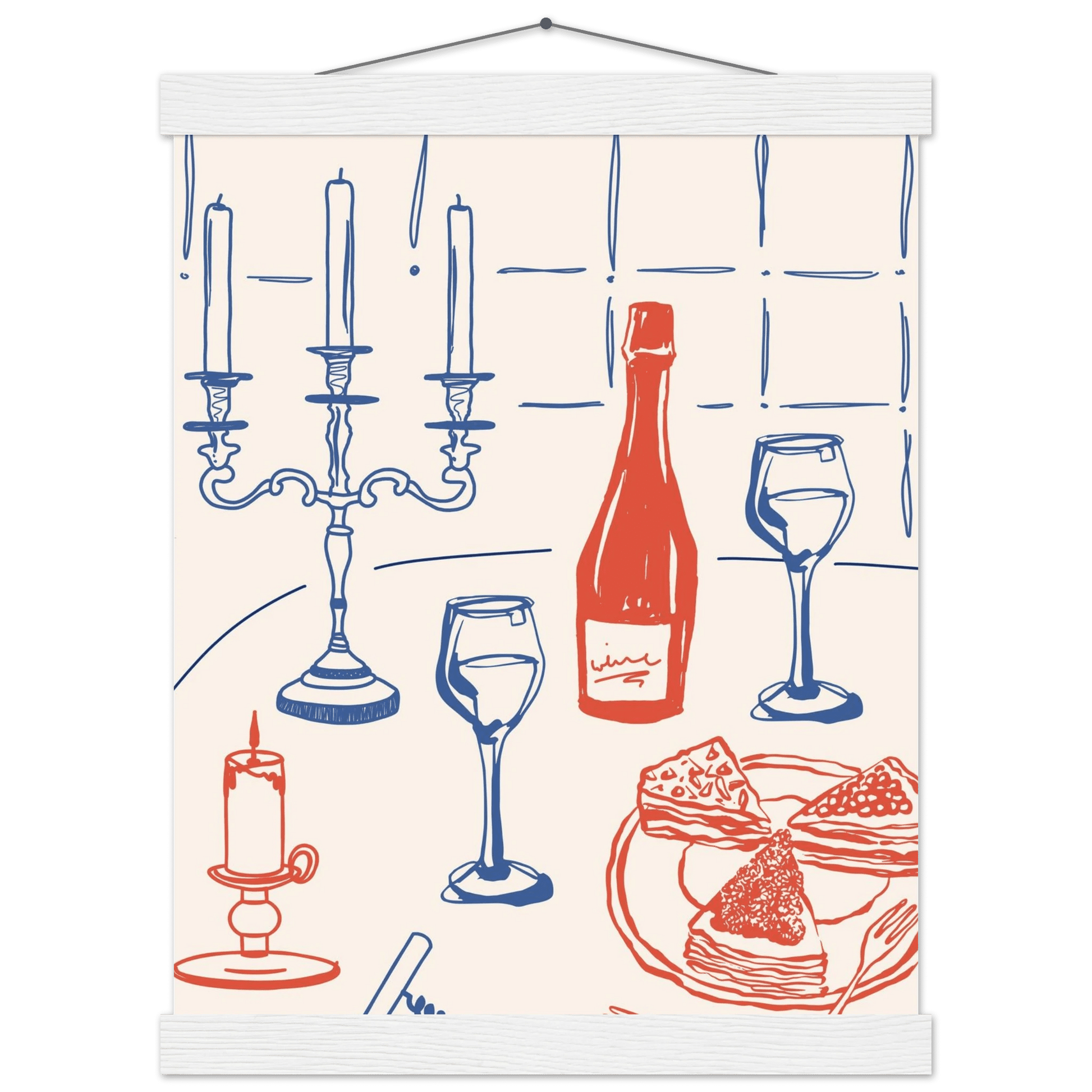 Candlelight Dinner Print | Wine & Candelabra Line Art Wall Art | Kitchen Poster - Evergreen Posters