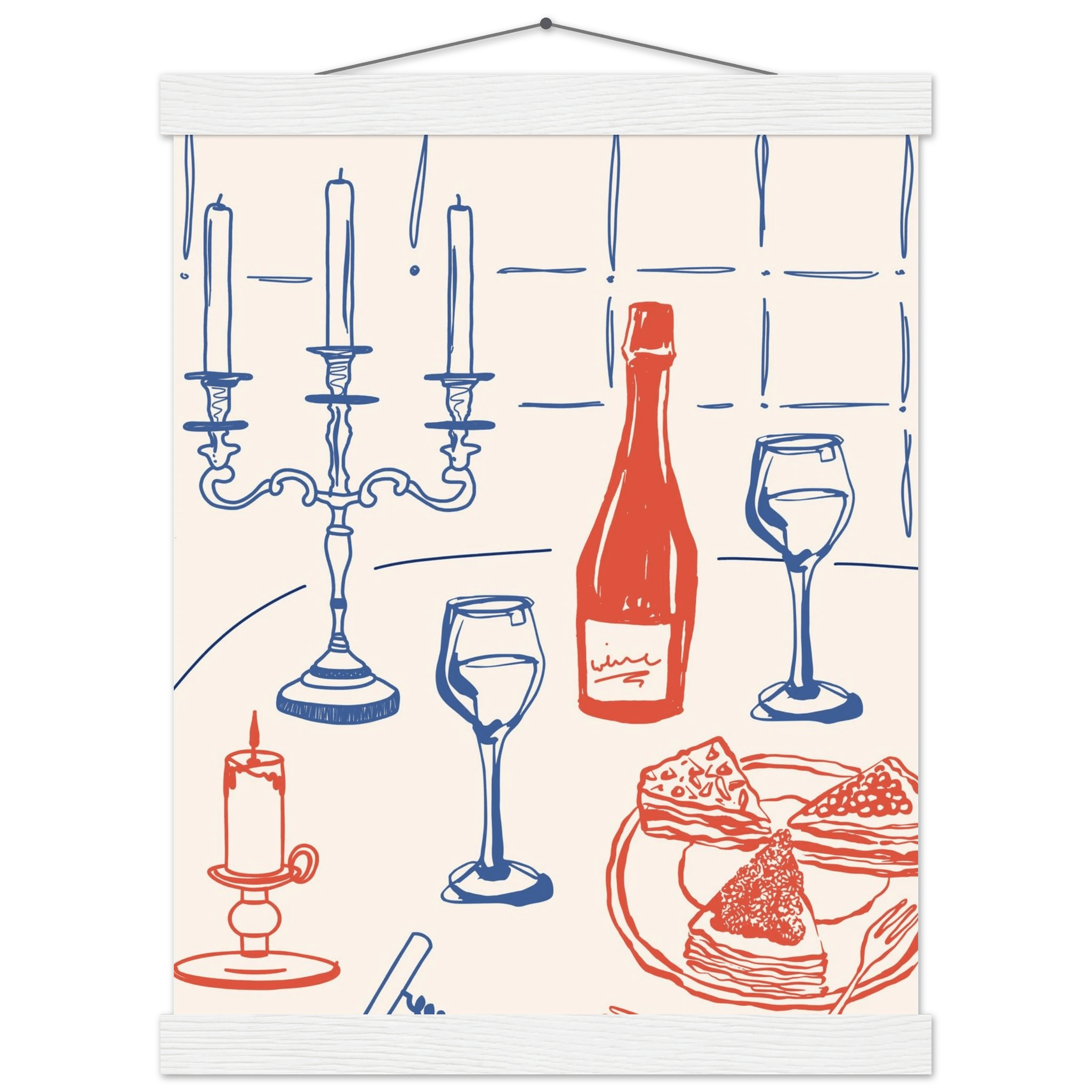 Candlelight Dinner Print | Wine & Candelabra Line Art Wall Art | Kitchen Poster - Evergreen Posters