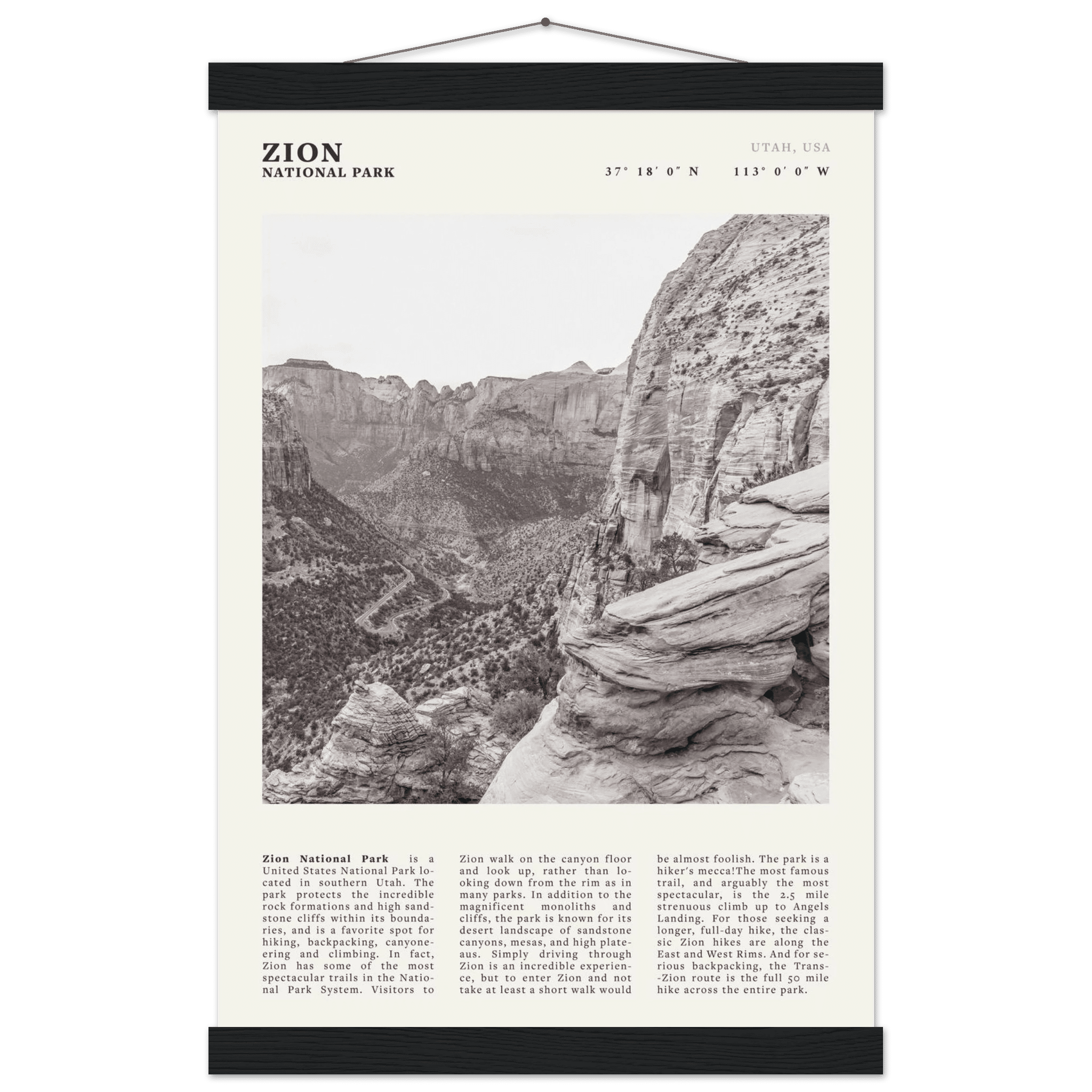 Zion National Park Poster | Black & White Utah Canyon Wall Art | USA Travel Print - Evergreen Posters