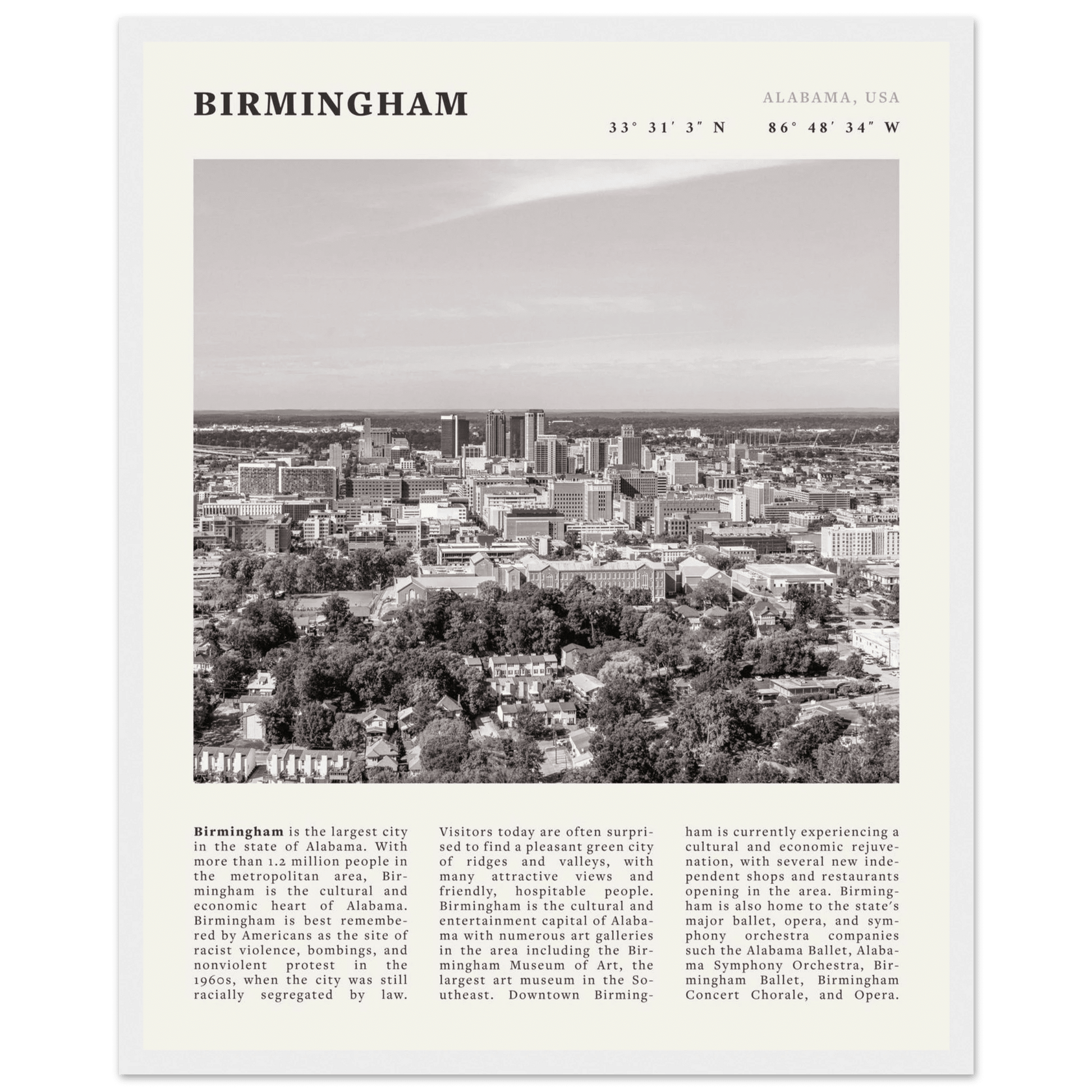 Birmingham Poster | Black & White Alabama Skyline Wall Art | AL Travel Print - Evergreen Posters