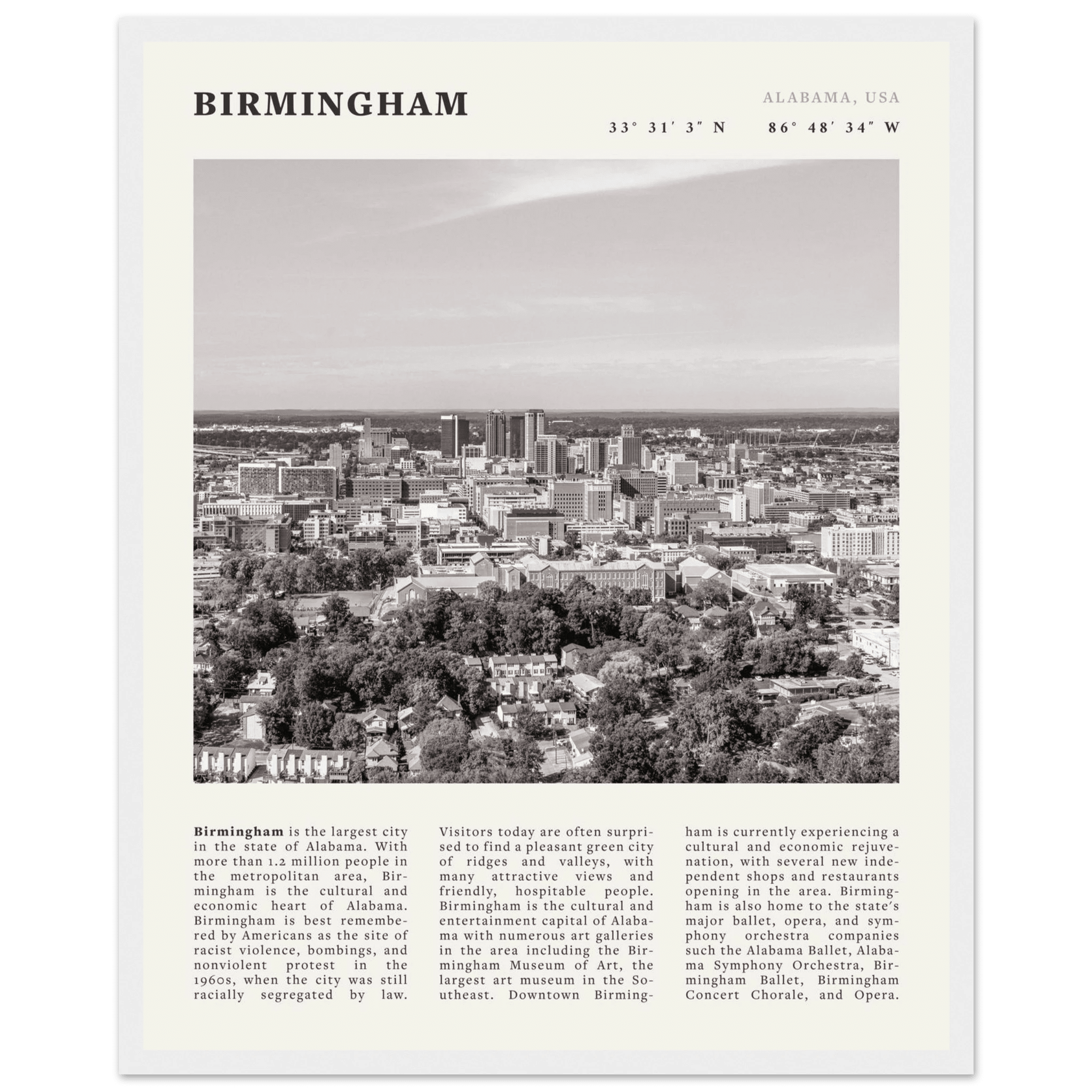 Birmingham Poster | Black & White Alabama Skyline Wall Art | AL Travel Print - Evergreen Posters