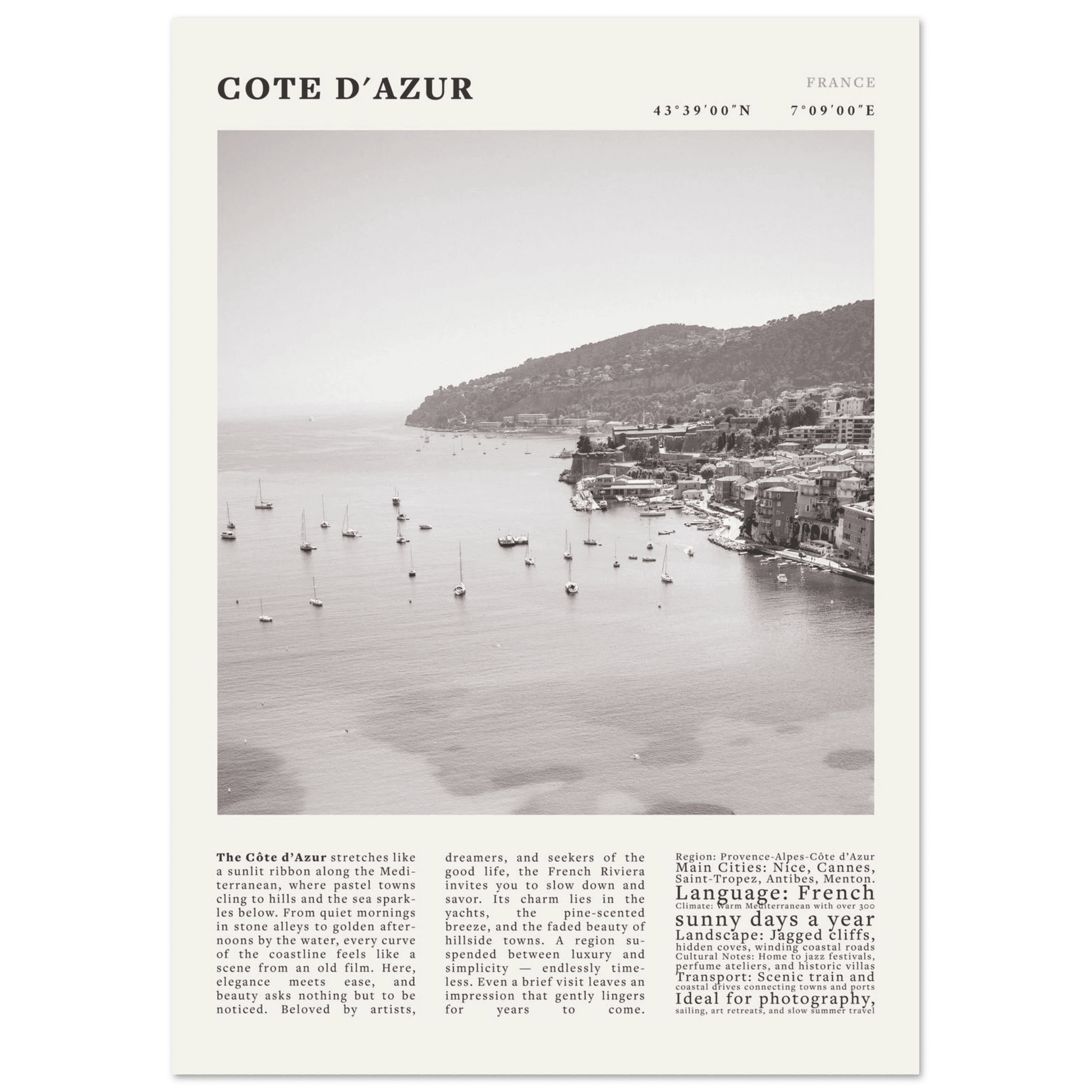 Côte d'Azur Poster Black and White – Vintage French Riviera Coast Print (Digital & Printed Options) - Evergreen Posters