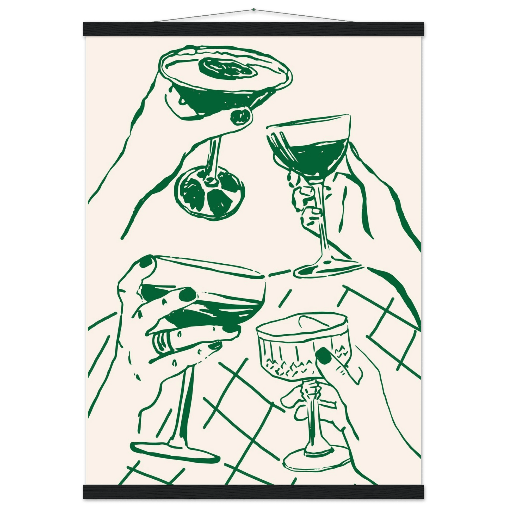 Cheers Print | Forest Green Cocktail Glasses Wall Art | Kitchen Bar Poster - Evergreen Posters