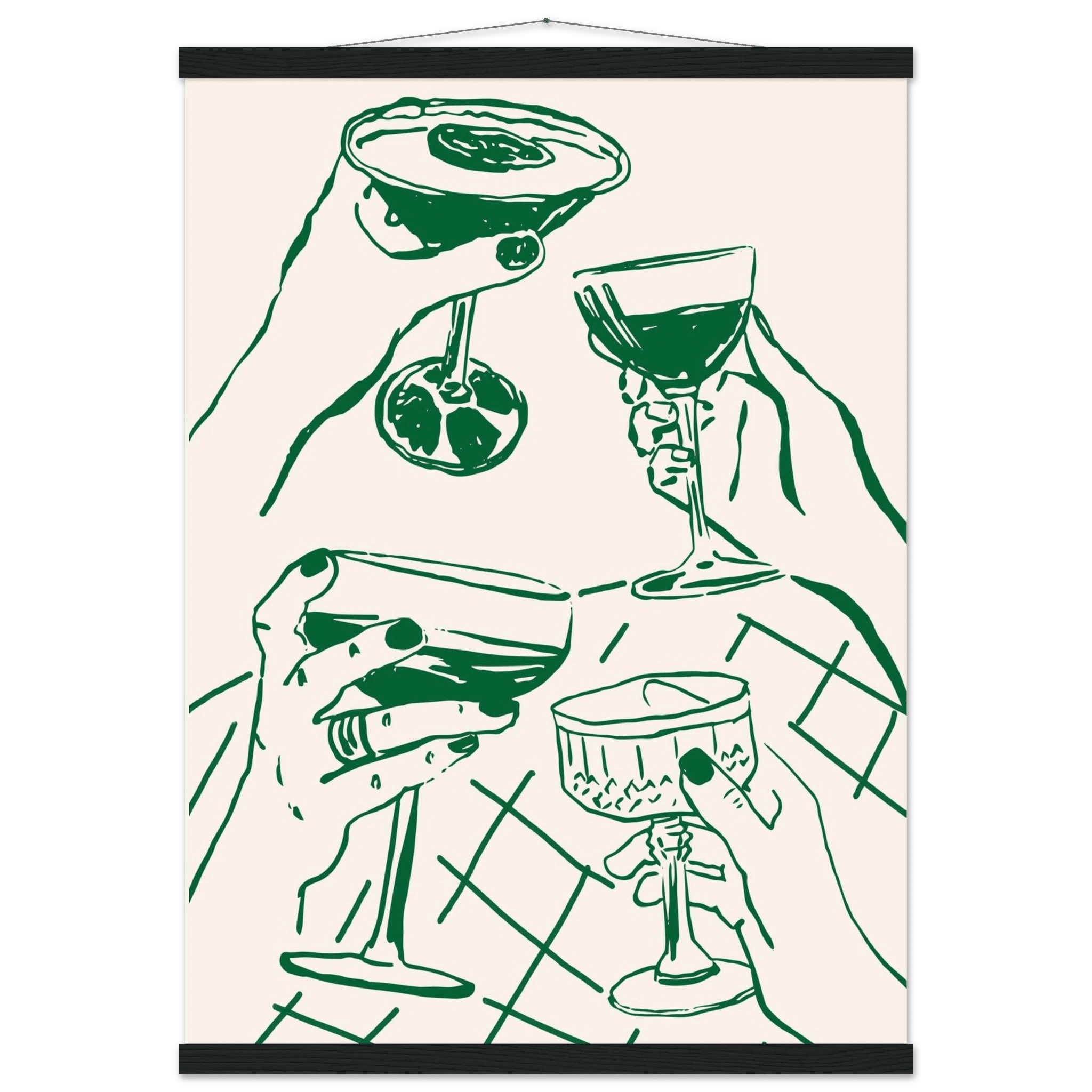 Cheers Print | Forest Green Cocktail Glasses Wall Art | Kitchen Bar Poster - Evergreen Posters