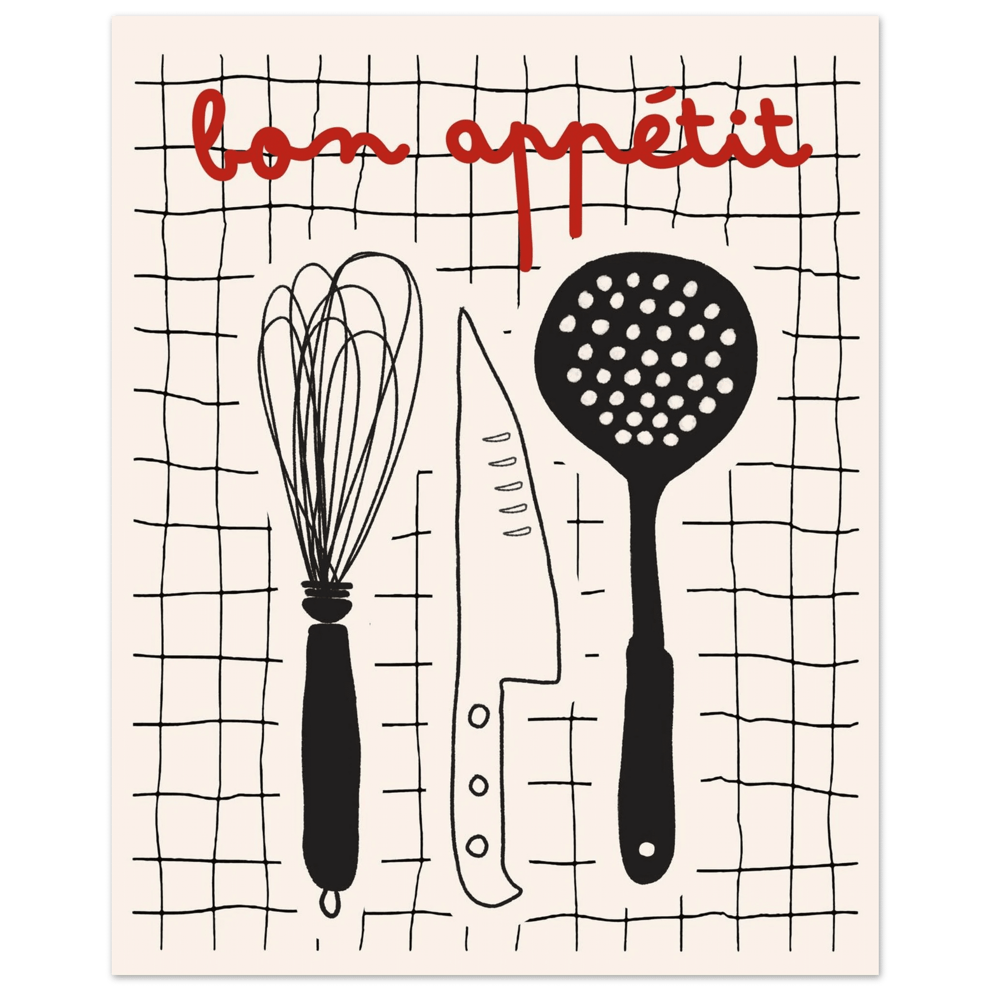 Bon Appétit French Kitchen Print | Bold Black Red Wall Art Poster - Evergreen Posters