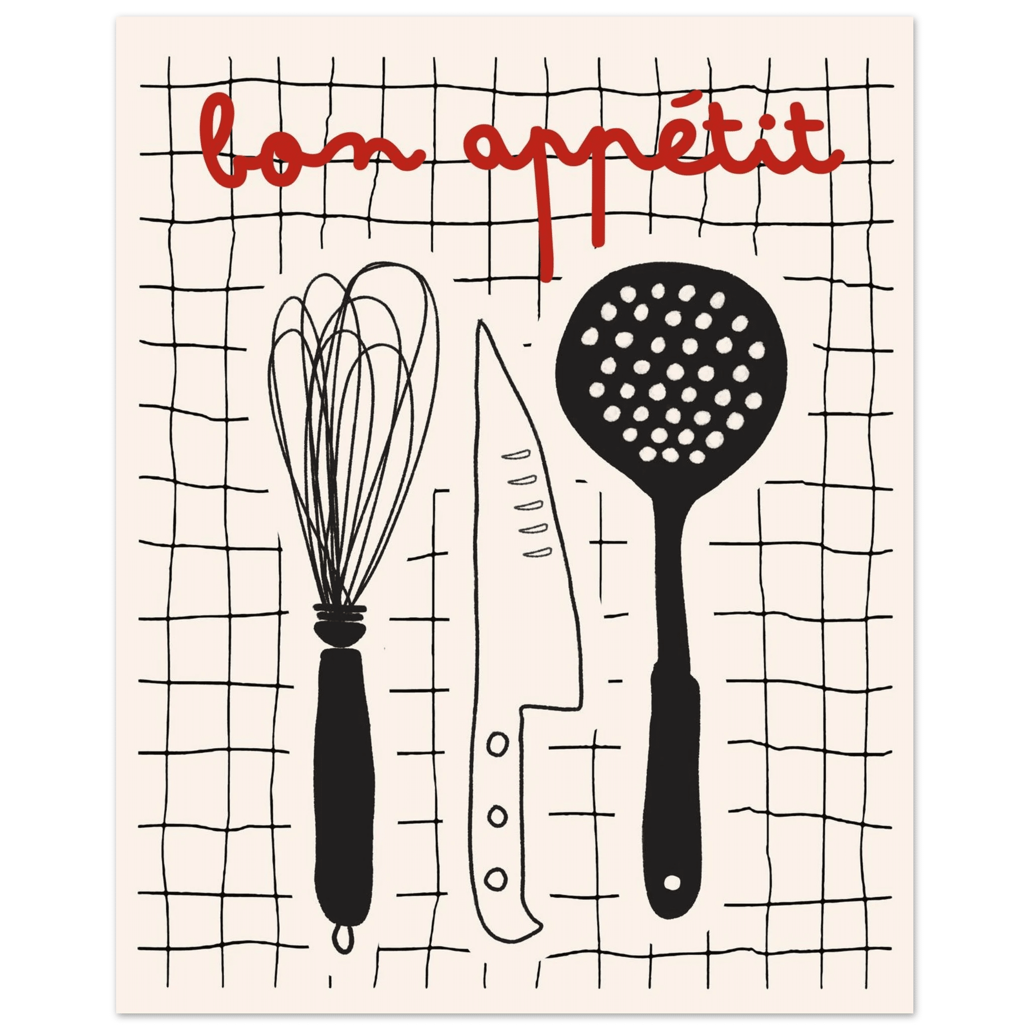 Bon Appétit French Kitchen Print | Bold Black Red Wall Art Poster - Evergreen Posters