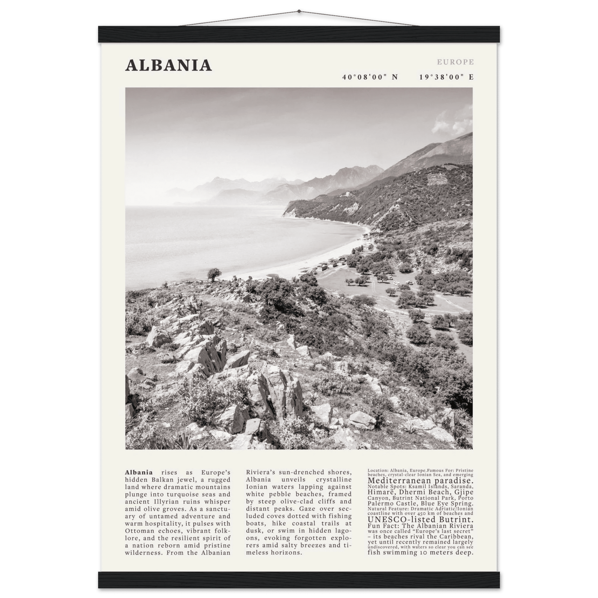 Albania Poster Black and White – Vintage Albanian Riviera Travel Print (Digital & Printed Options) - Evergreen Posters