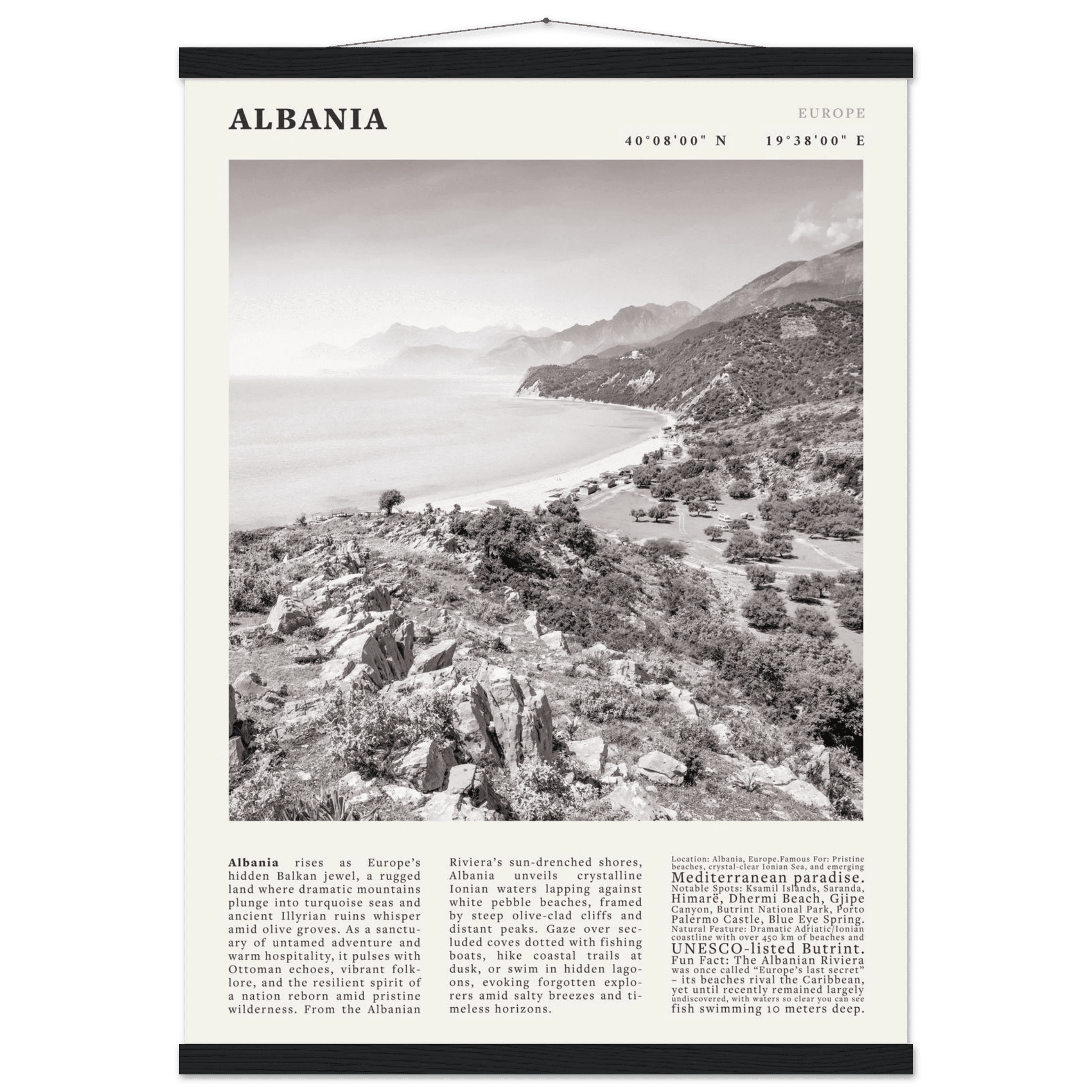 Albania Poster Black and White – Vintage Albanian Riviera Travel Print (Digital & Printed Options) - Evergreen Posters